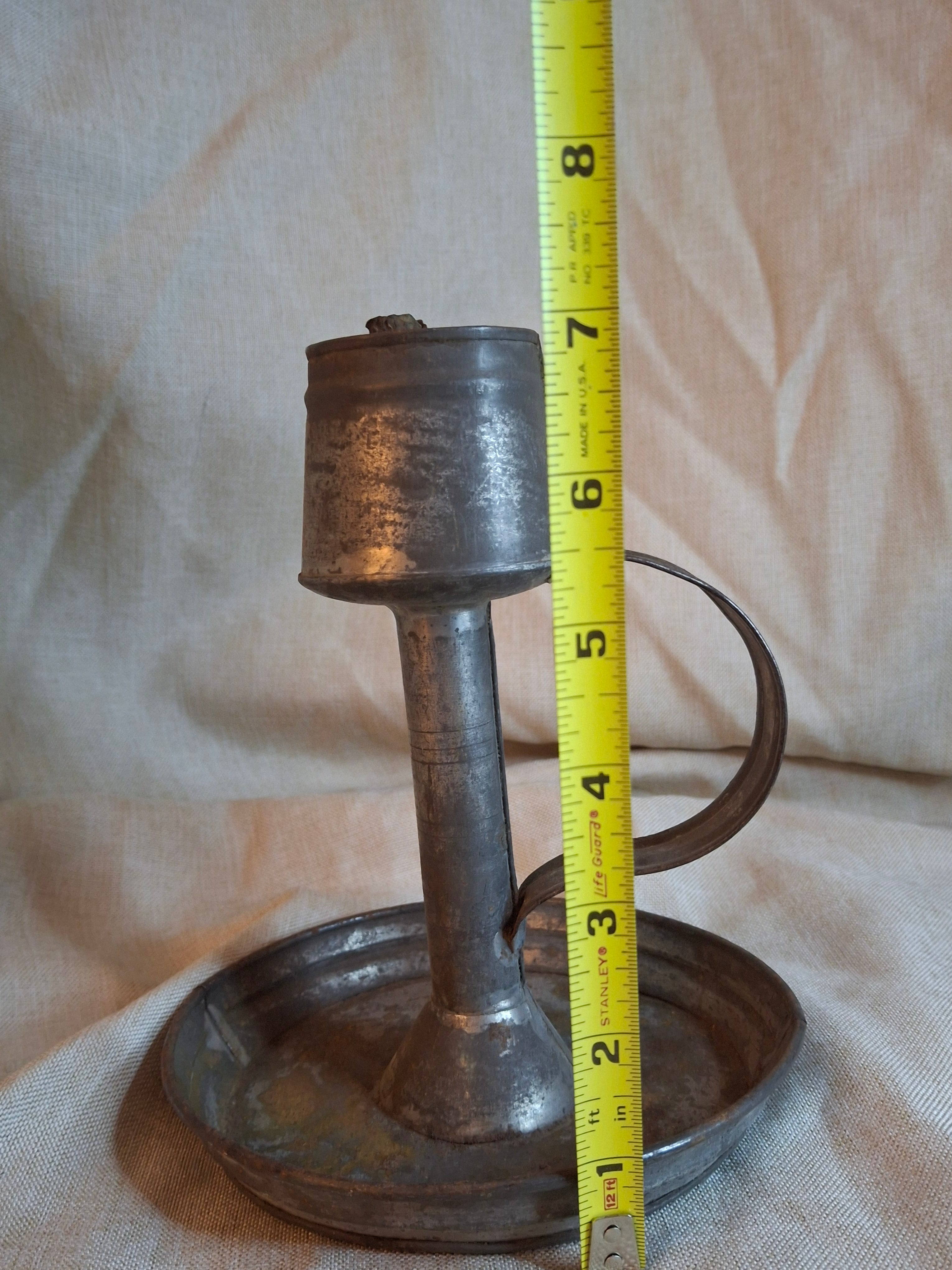 Antique 19thC Tin Lard Lamp Tall Saucer Base Primitive Grease Fat Oil Lighting 7"