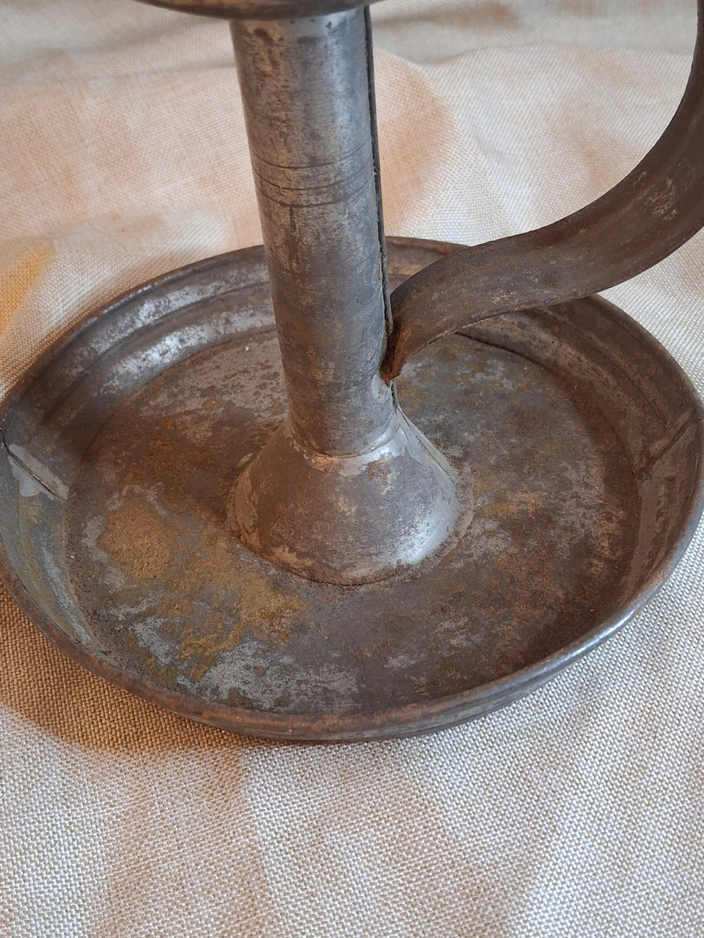 Antique 19thC Tin Lard Lamp Tall Saucer Base Primitive Grease Fat Oil Lighting 7"