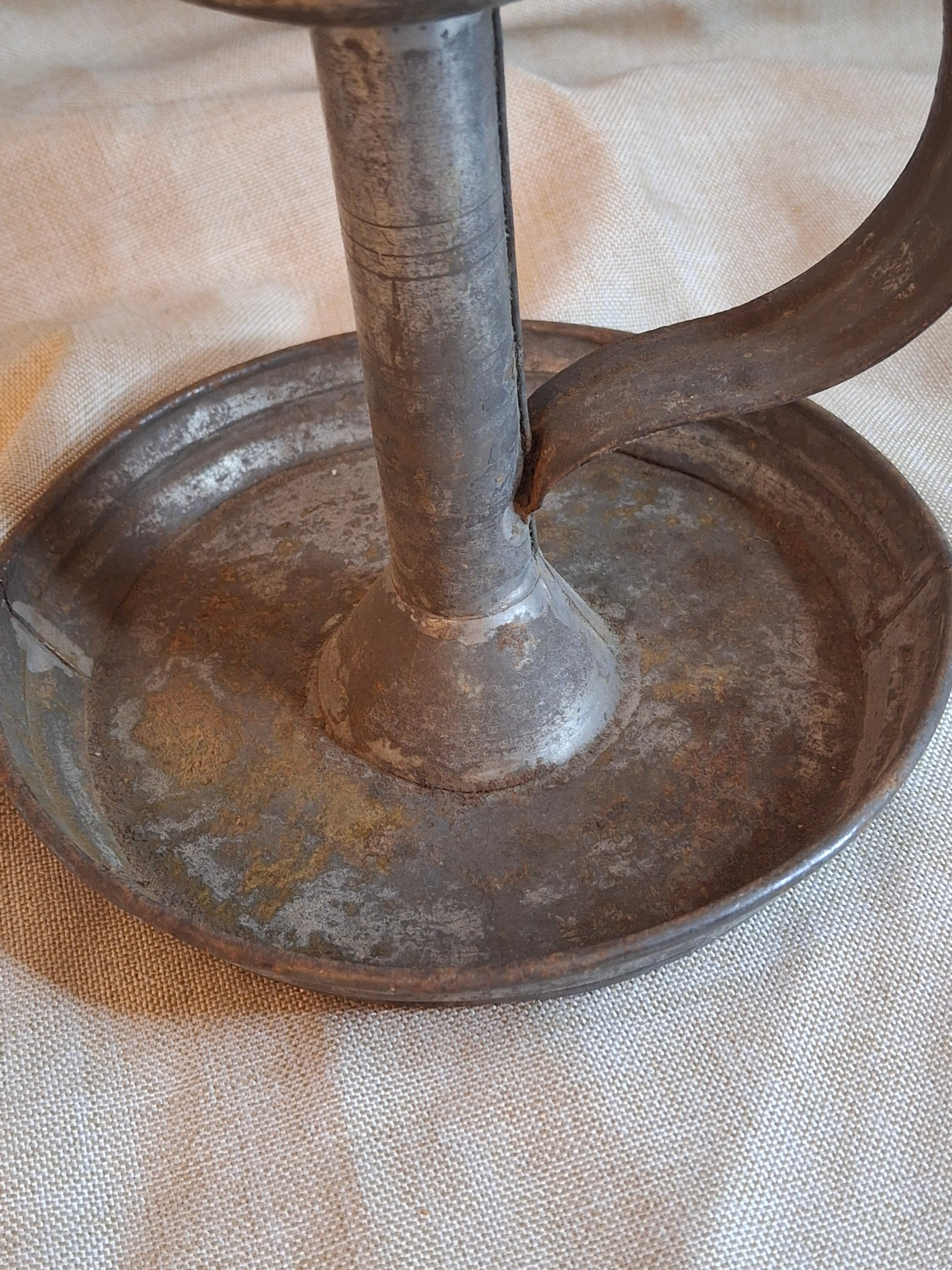 Antique 19thC Tin Lard Lamp Tall Saucer Base Primitive Grease Fat Oil Lighting 7"