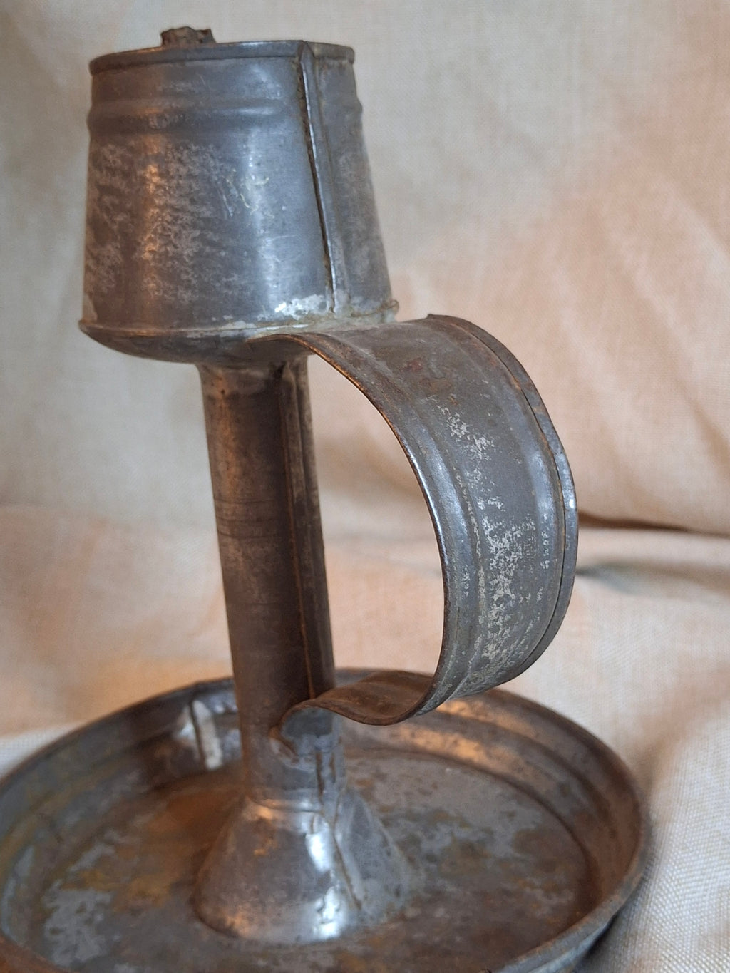 Antique 19thC Tin Lard Lamp Tall Saucer Base Primitive Grease Fat Oil Lighting 7"