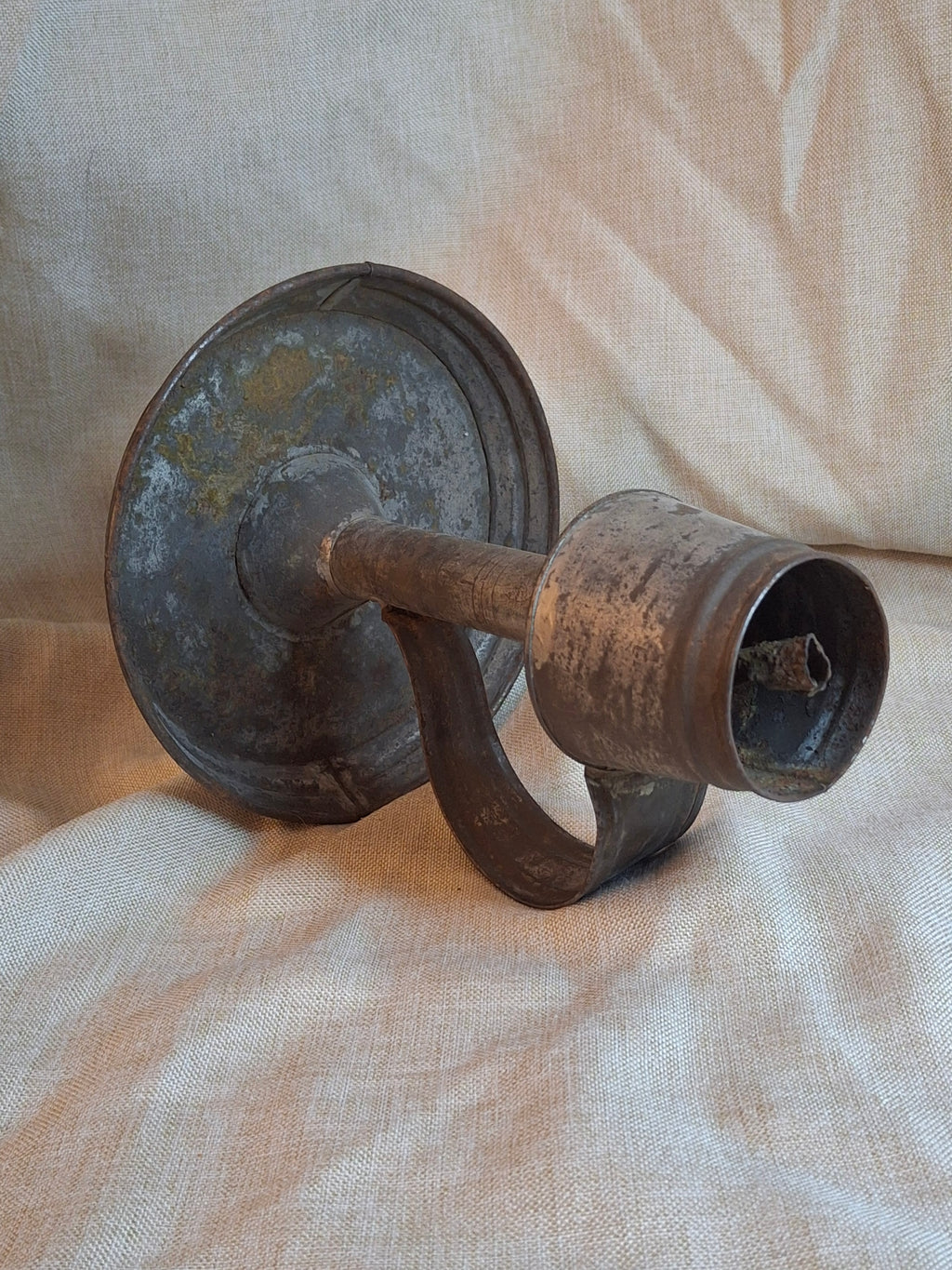 Antique 19thC Tin Lard Lamp Tall Saucer Base Primitive Grease Fat Oil Lighting 7"