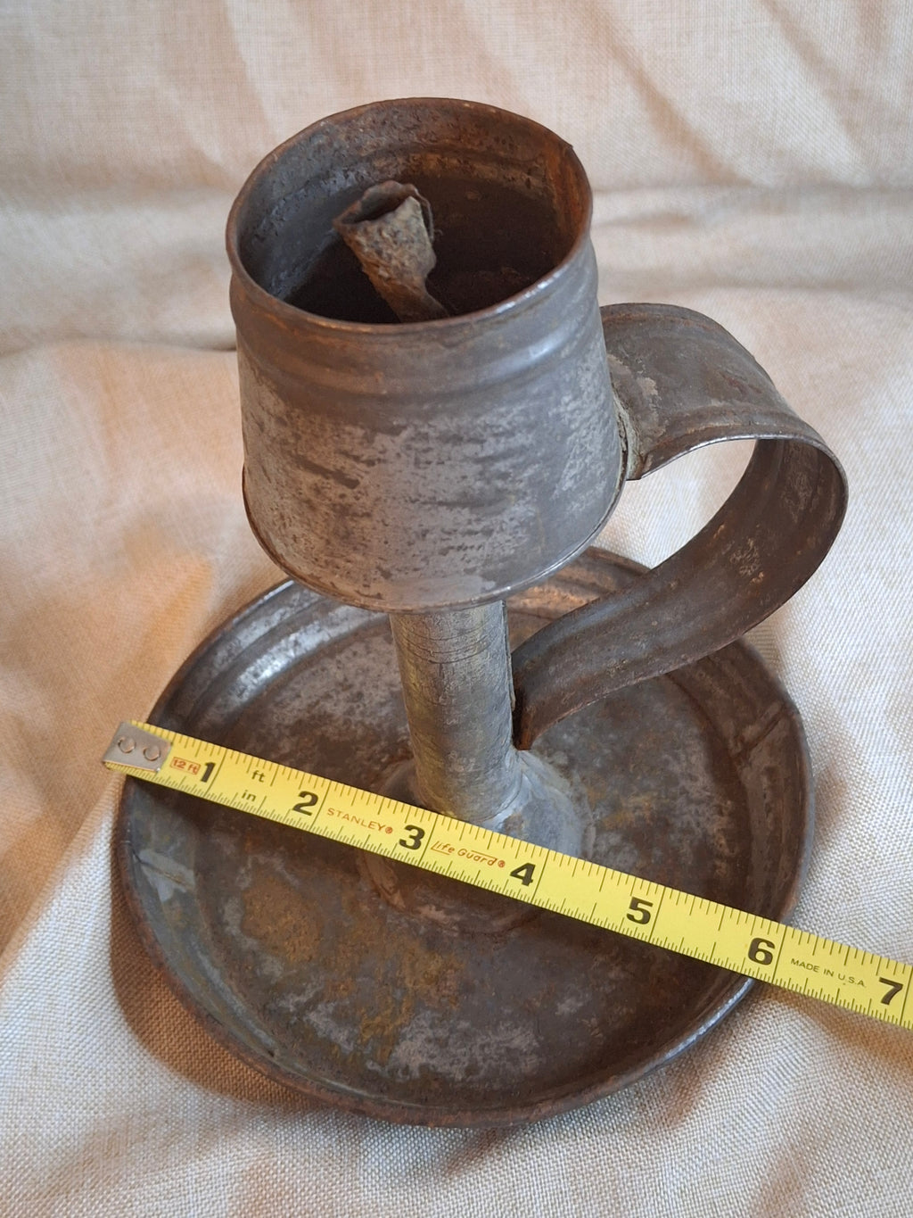 Antique 19thC Tin Lard Lamp Tall Saucer Base Primitive Grease Fat Oil Lighting 7"