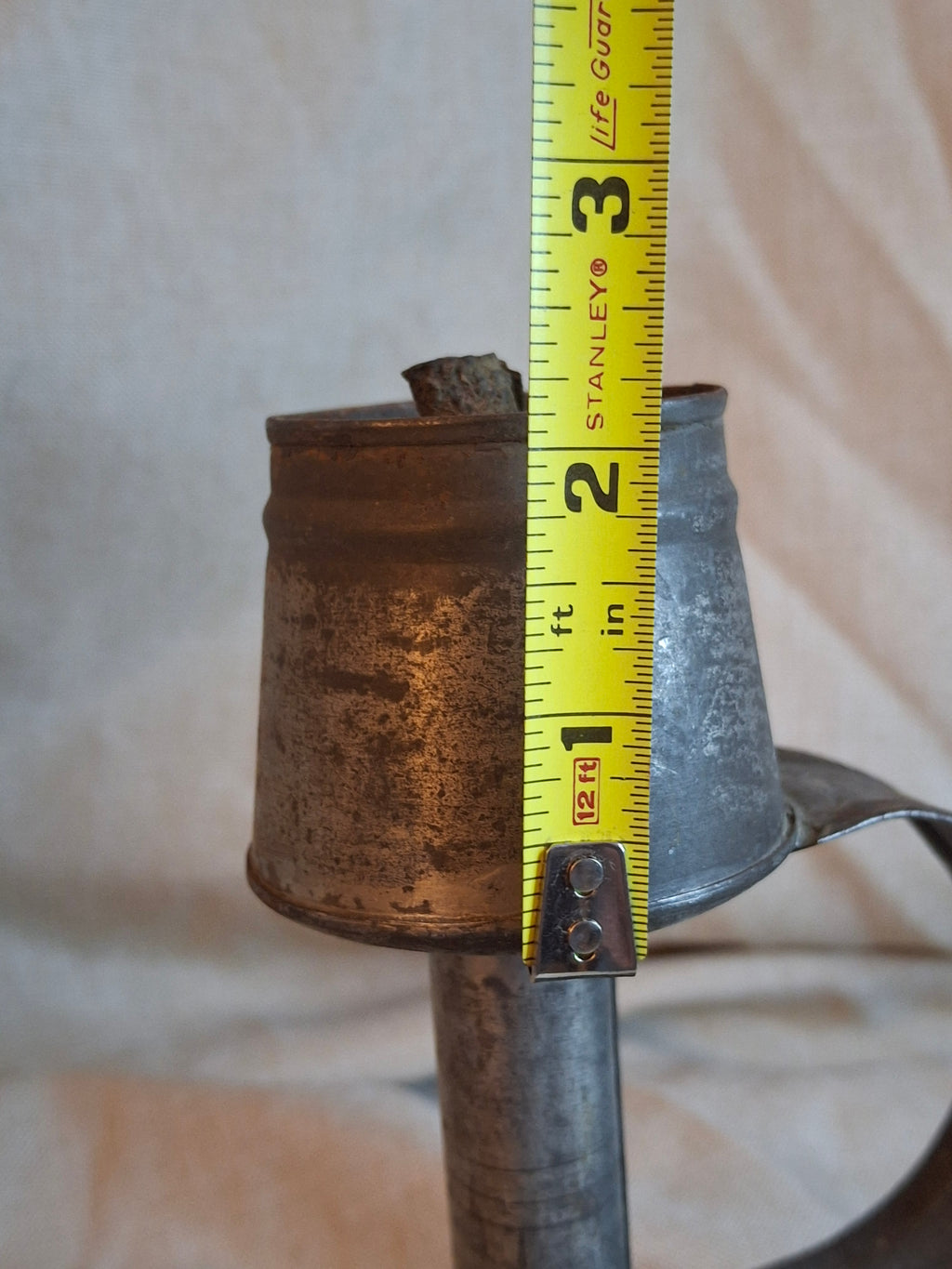Antique 19thC Tin Lard Lamp Tall Saucer Base Primitive Grease Fat Oil Lighting 7"