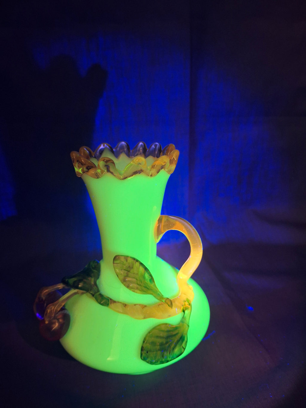 Antique Stevens & Williams Uranium Custard Glass Vase Applied Fruit Cherries 5" C. 1880