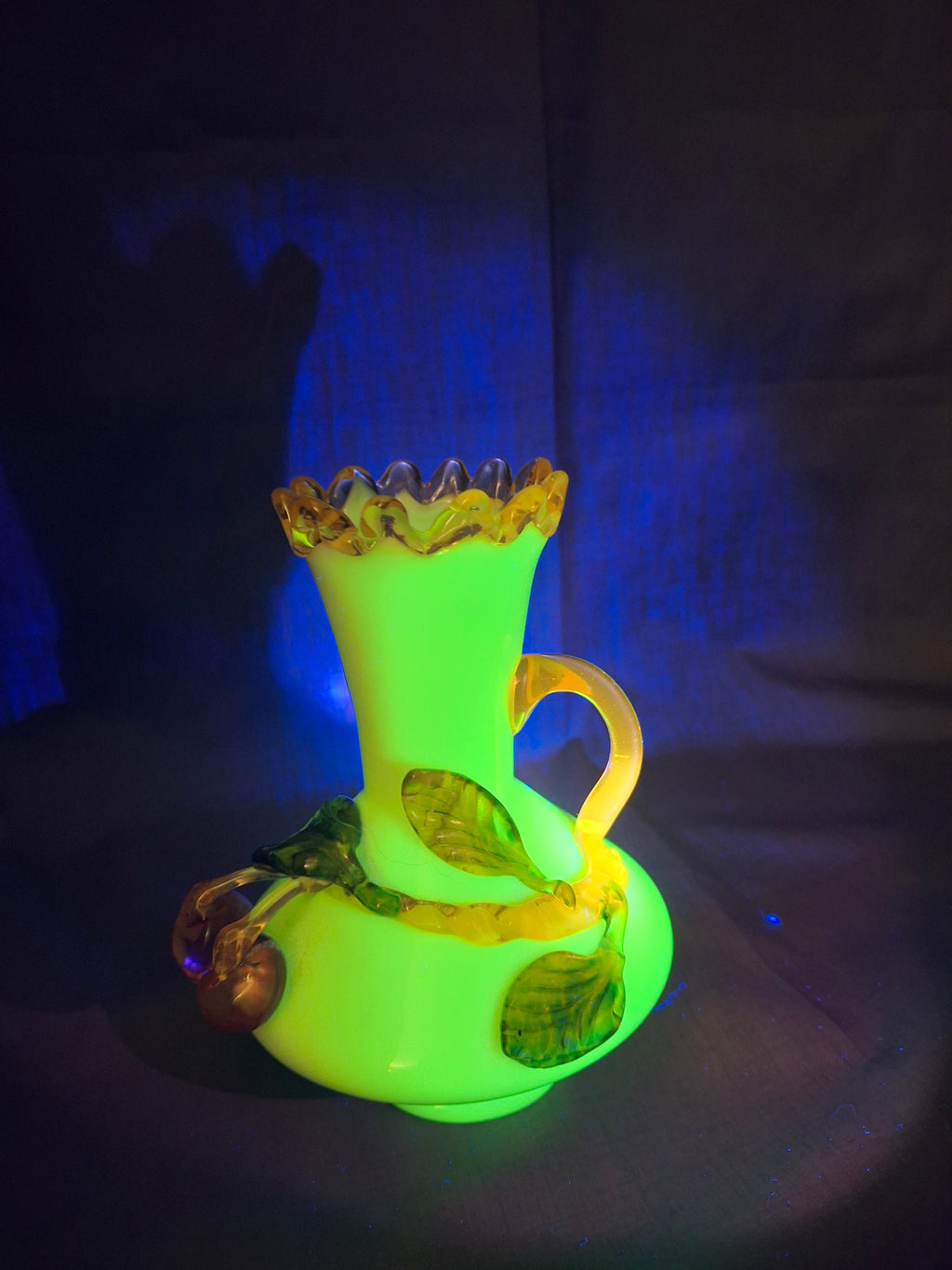 Antique Stevens & Williams Uranium Custard Glass Vase Applied Fruit Cherries 5" C. 1880