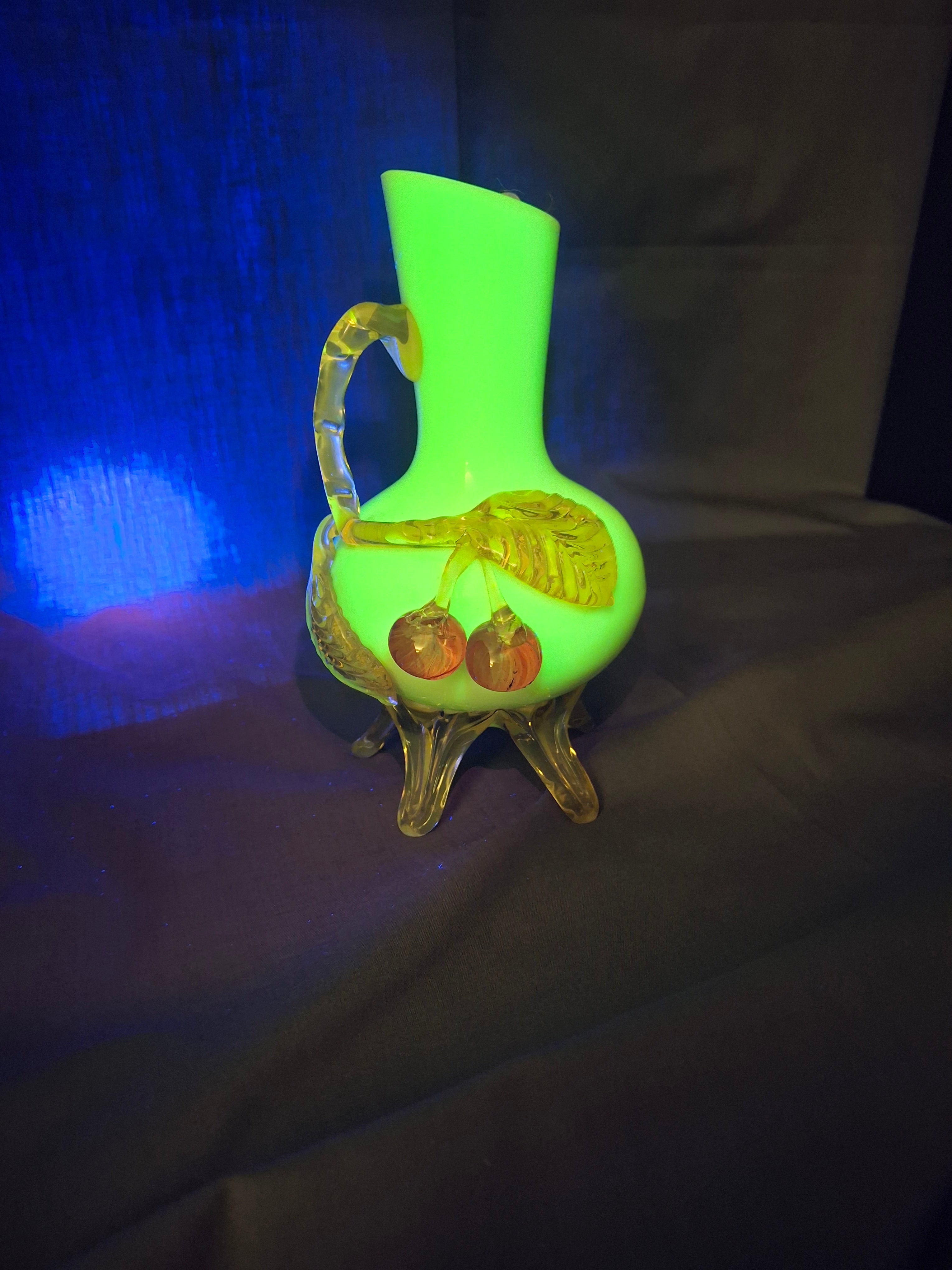 Antique Stevens & Williams Custard Uranium Glass Vase Applied Cherries Victorian c. 1880s