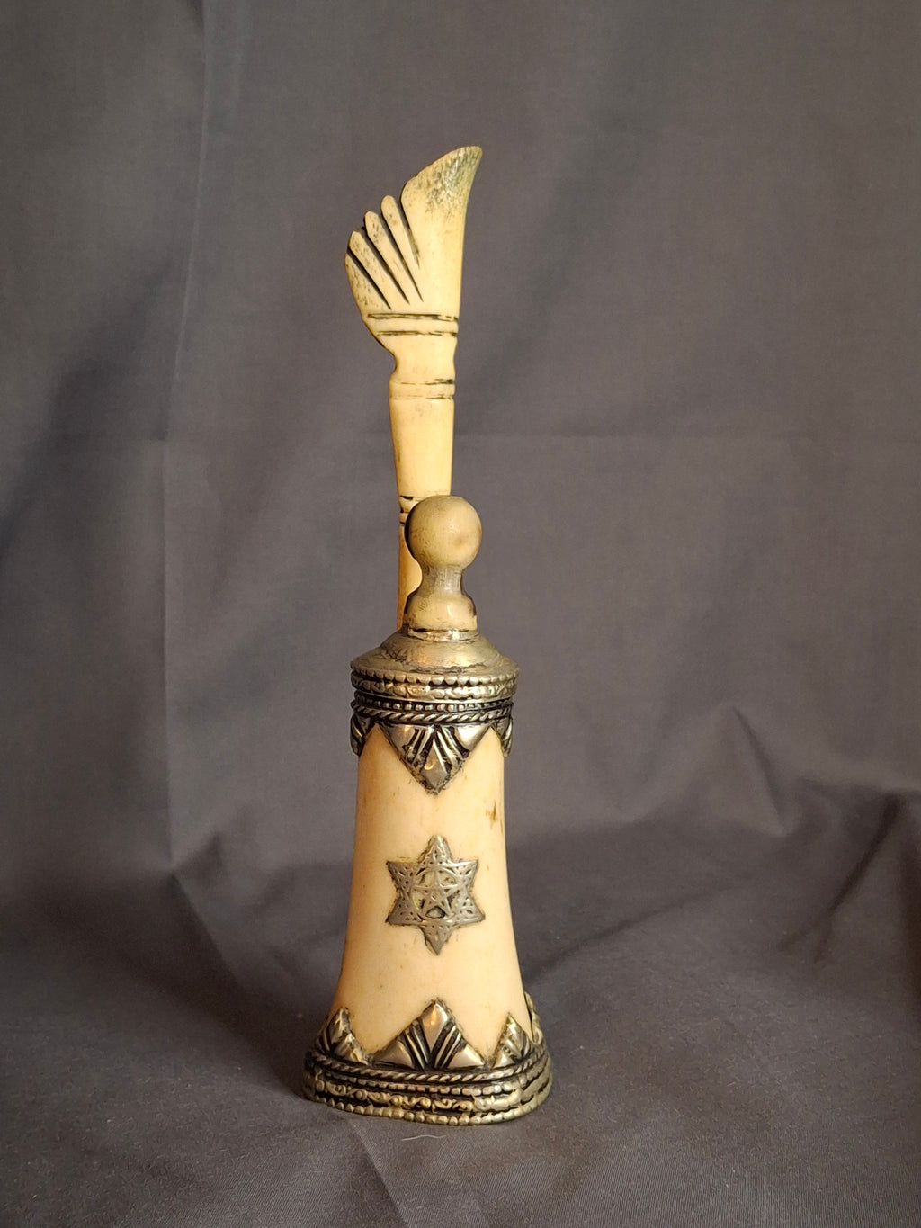 Rare 19th C Moroccan Judaica Bone Silvered Inkwell Set Star of David - Original Dip Pen