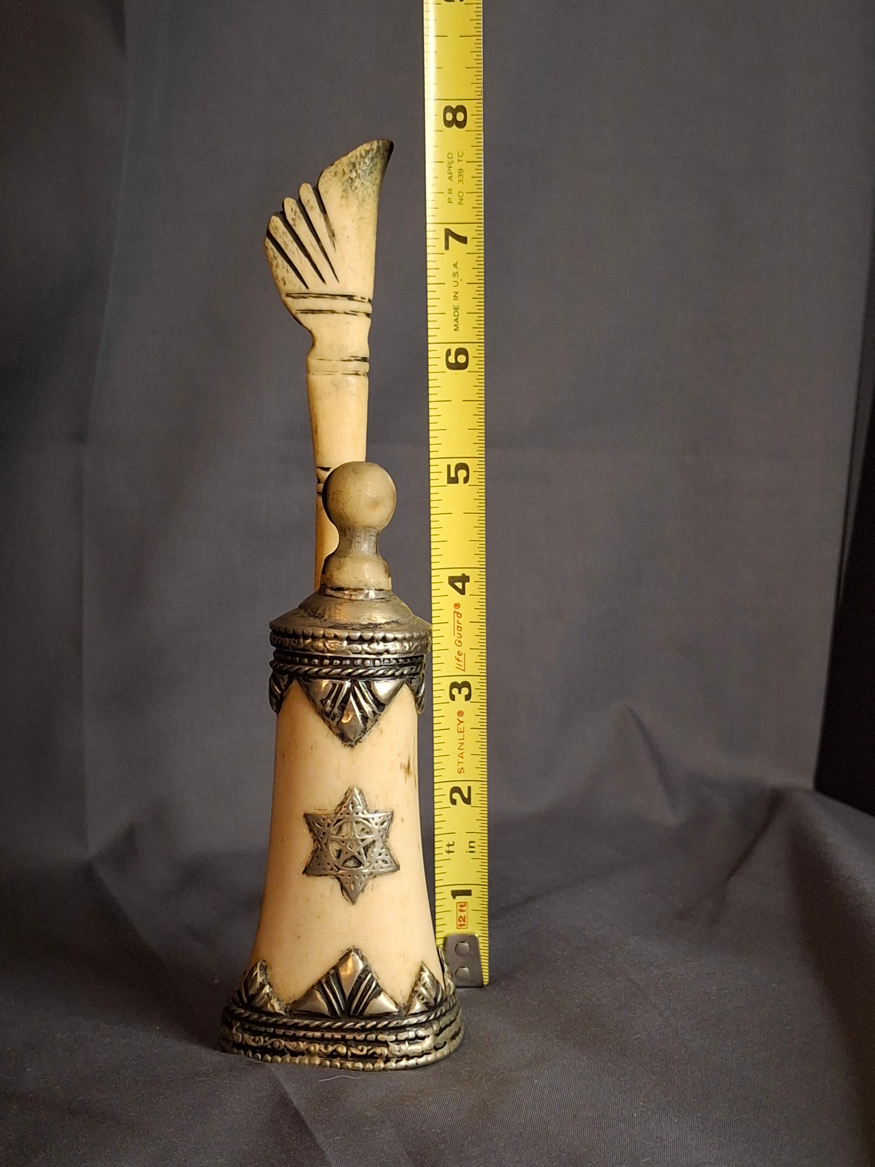 Rare 19th C Moroccan Judaica Bone Silvered Inkwell Set Star of David - Original Dip Pen