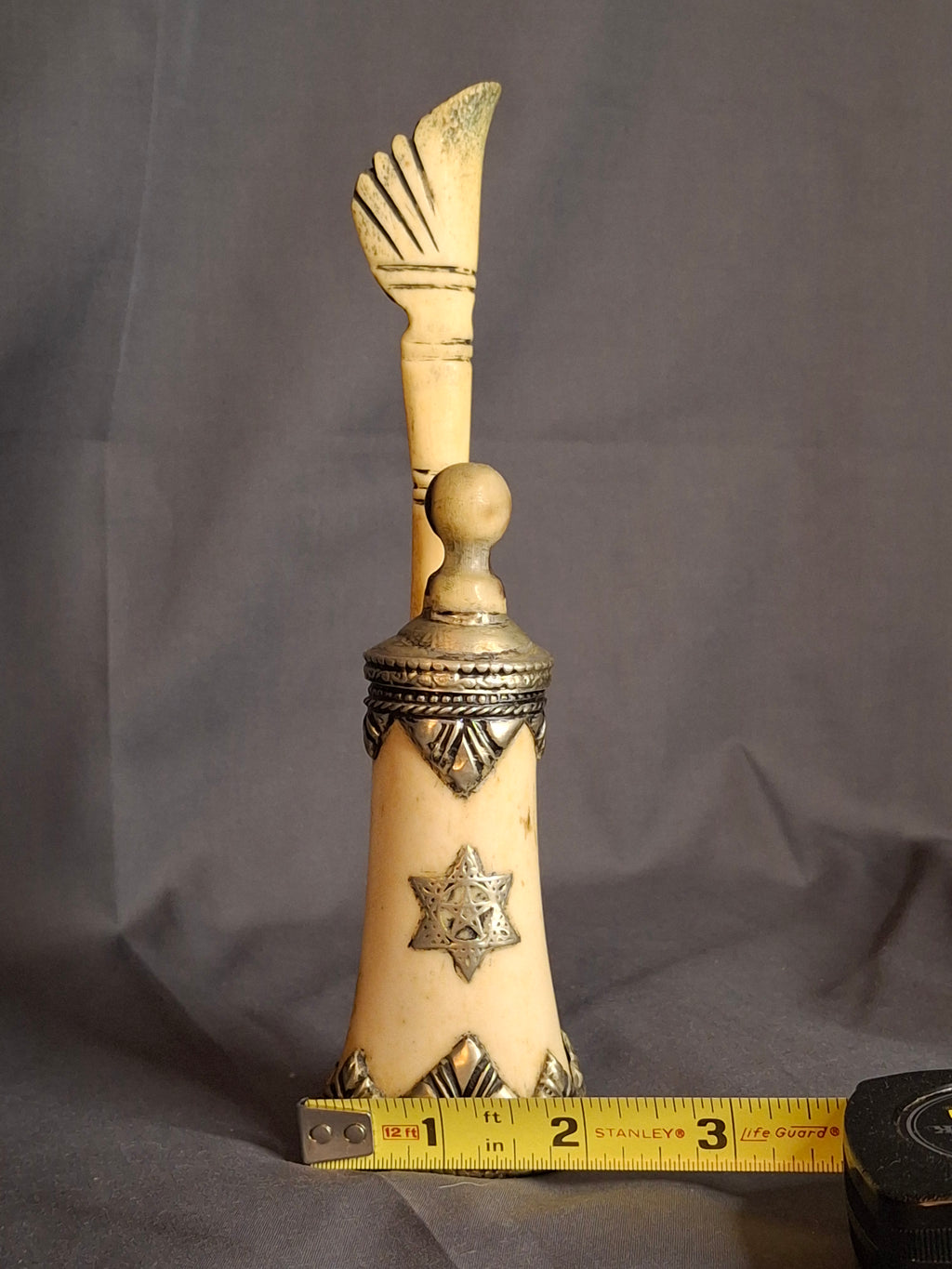 Rare 19th C Moroccan Judaica Bone Silvered Inkwell Set Star of David - Original Dip Pen