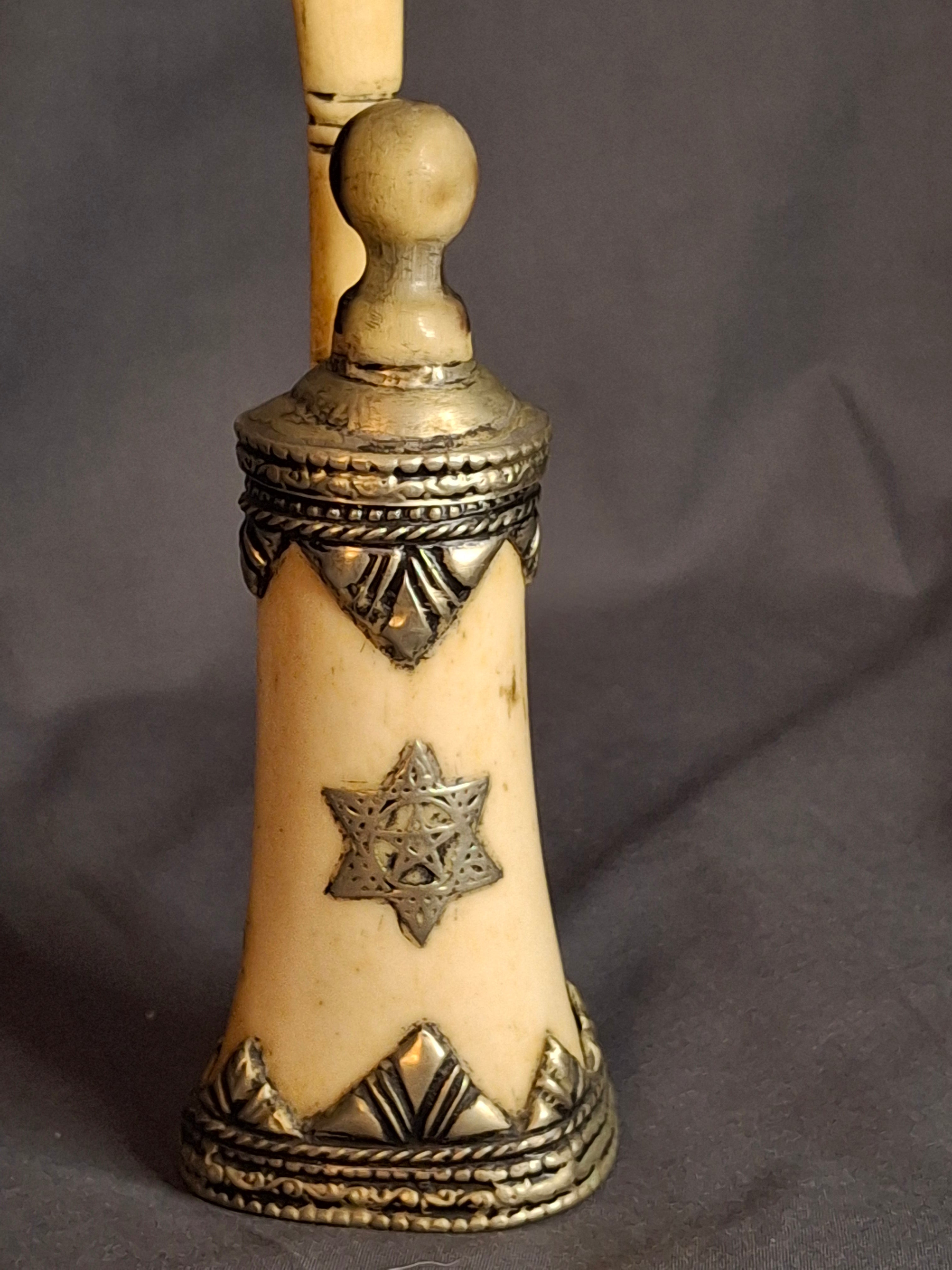 Rare 19th C Moroccan Judaica Bone Silvered Inkwell Set Star of David - Original Dip Pen