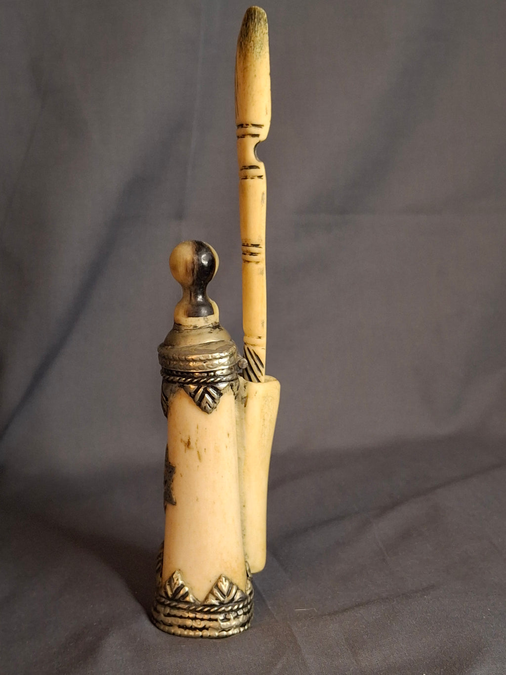 Rare 19th C Moroccan Judaica Bone Silvered Inkwell Set Star of David - Original Dip Pen