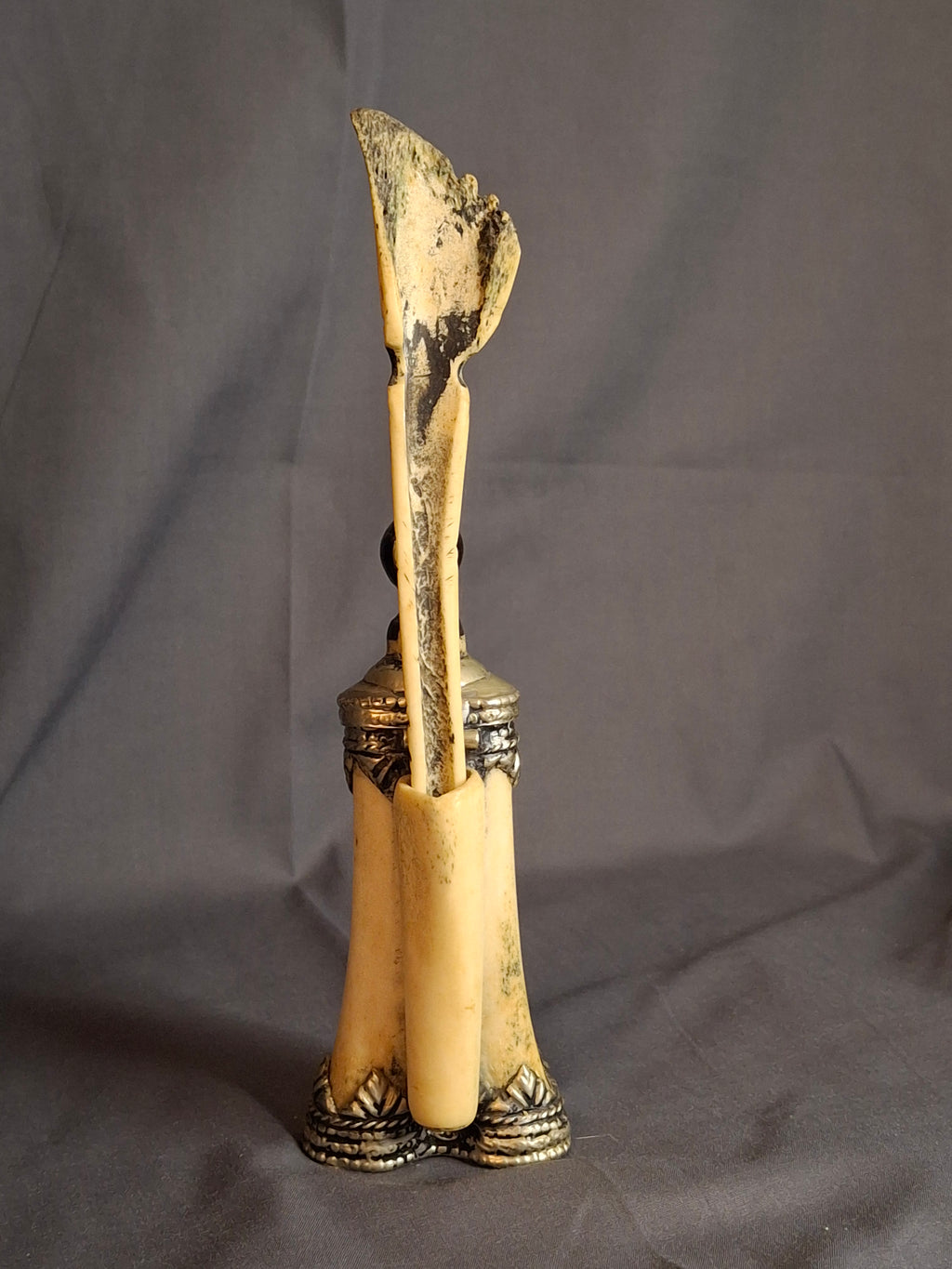 Rare 19th C Moroccan Judaica Bone Silvered Inkwell Set Star of David - Original Dip Pen