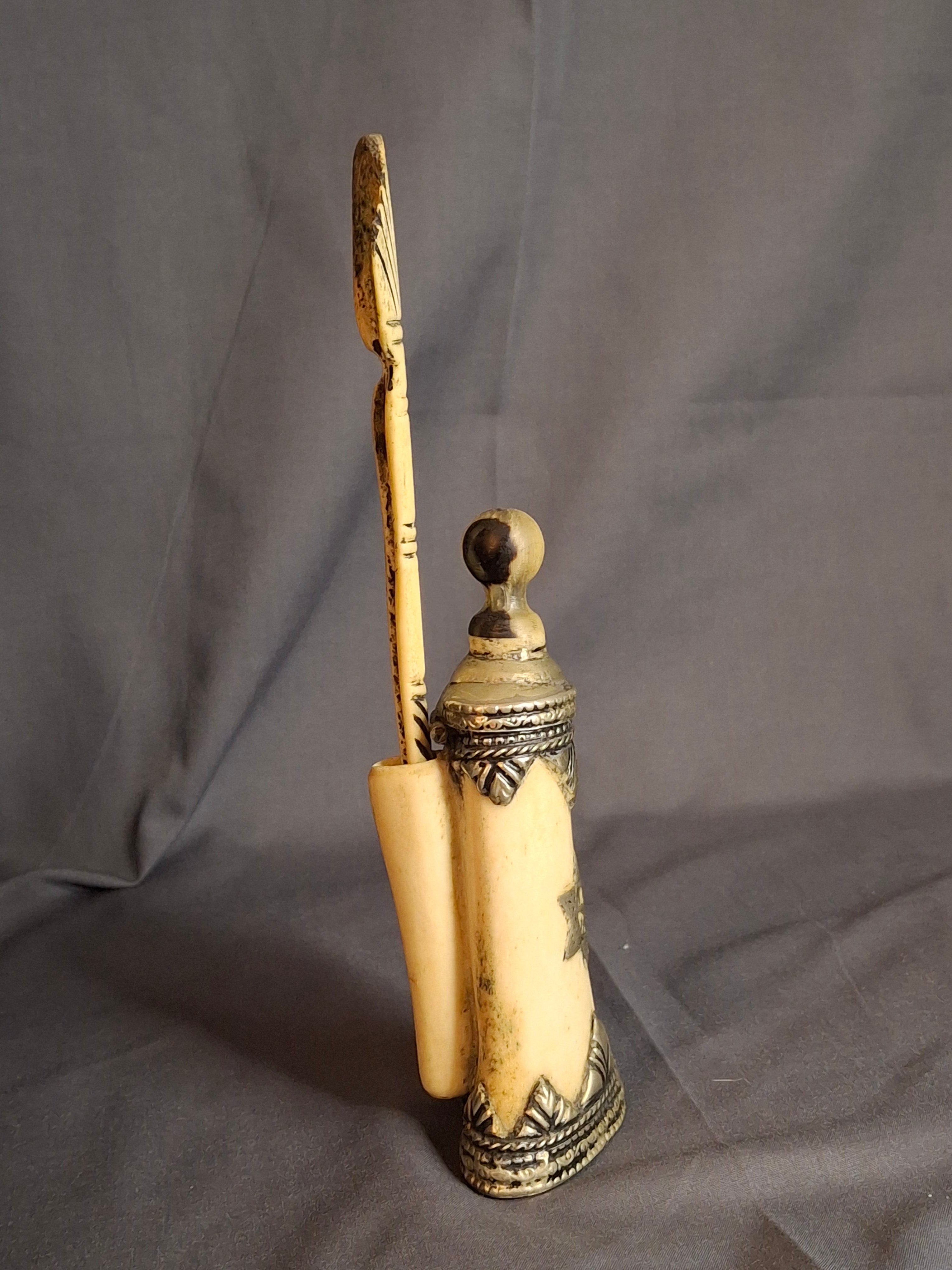 Rare 19th C Moroccan Judaica Bone Silvered Inkwell Set Star of David - Original Dip Pen