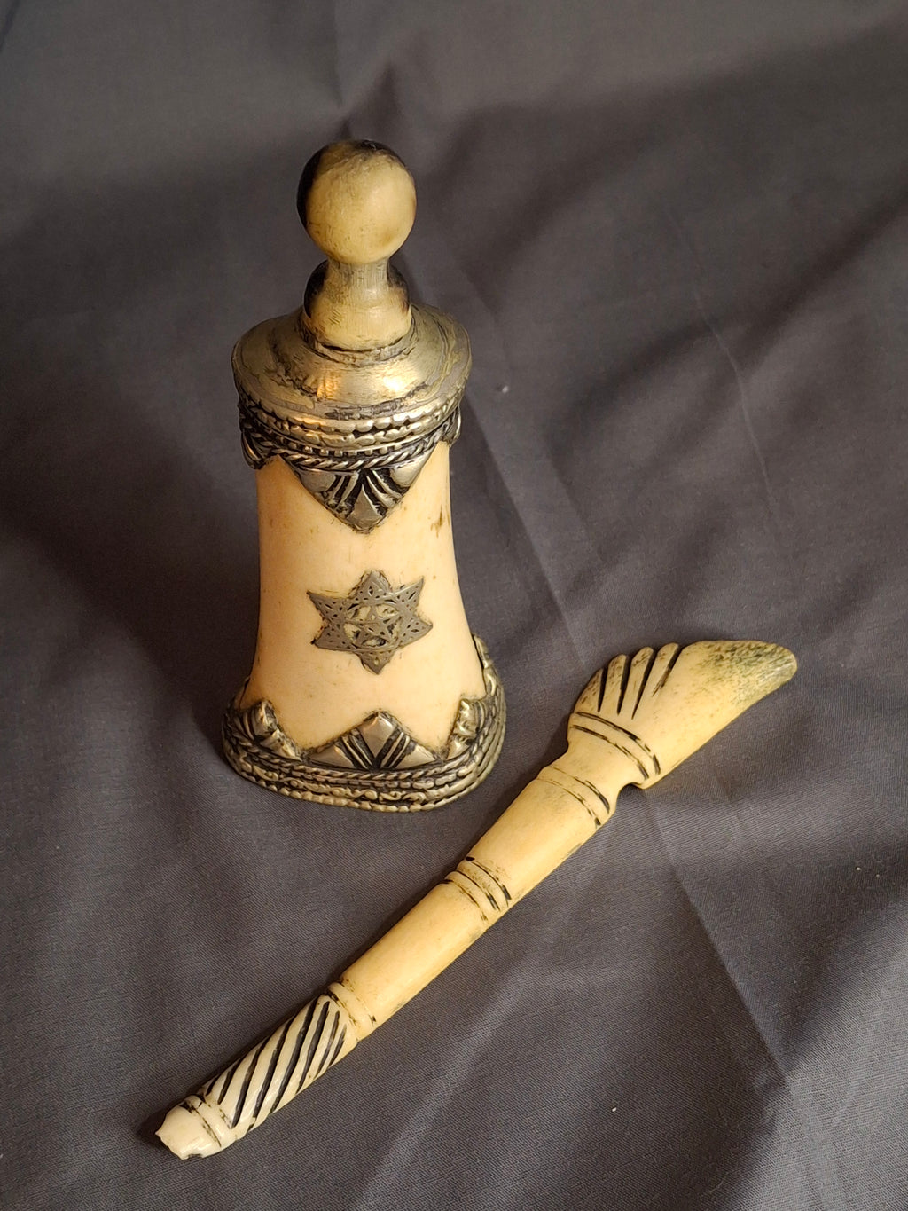 Rare 19th C Moroccan Judaica Bone Silvered Inkwell Set Star of David - Original Dip Pen