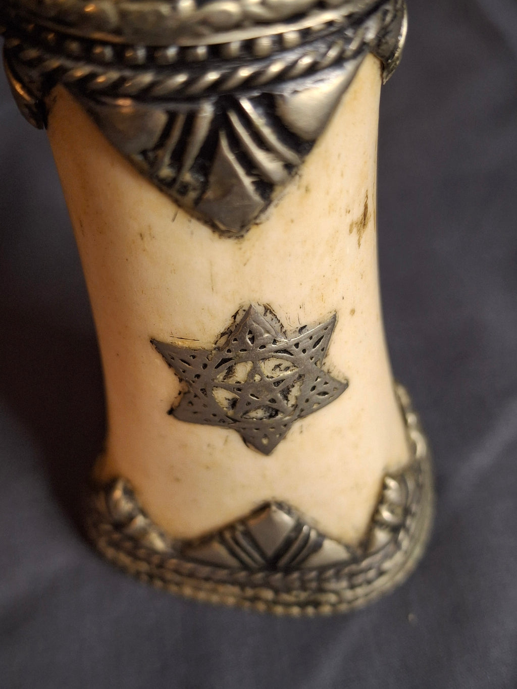 Rare 19th C Moroccan Judaica Bone Silvered Inkwell Set Star of David - Original Dip Pen