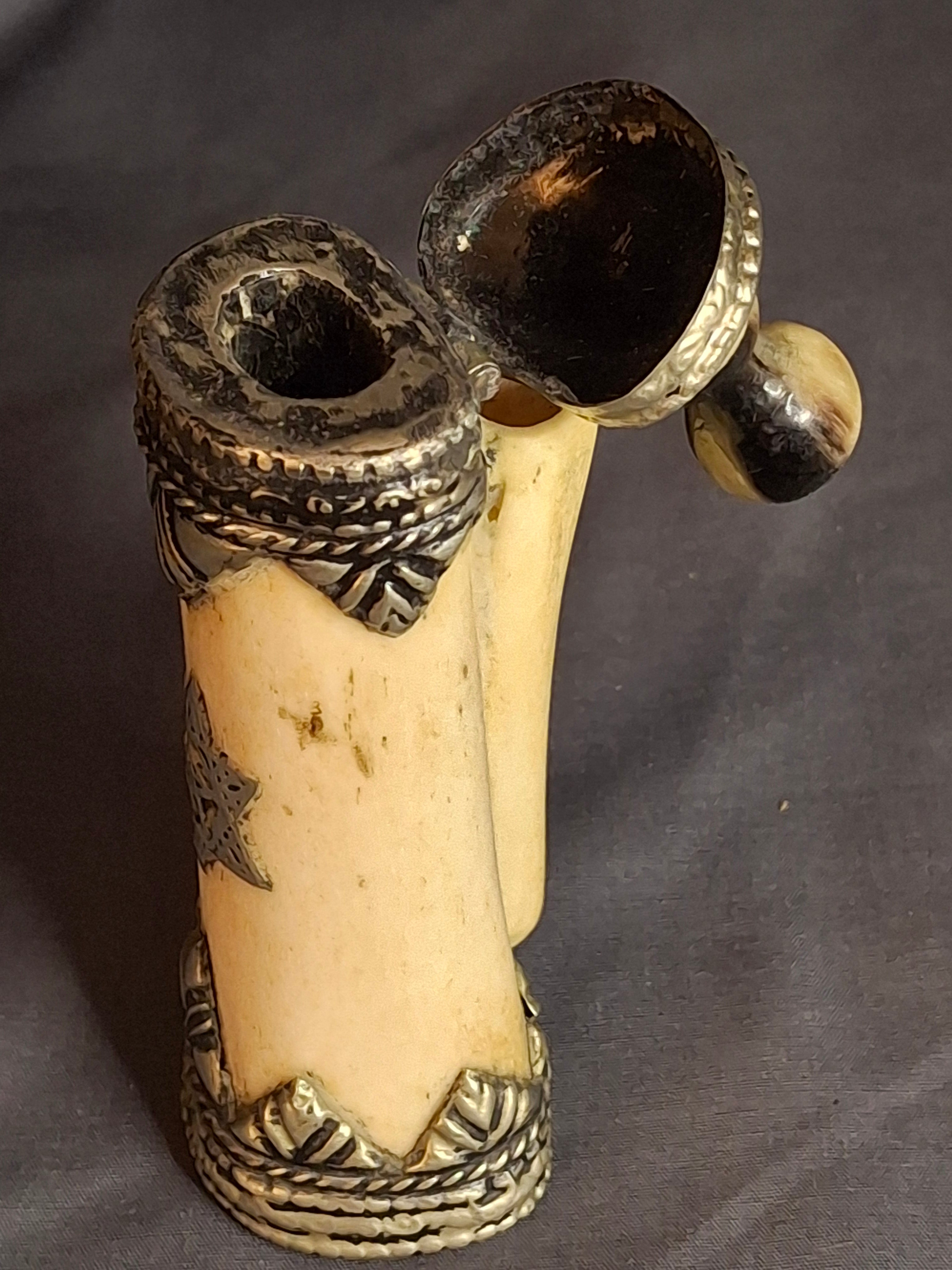 Rare 19th C Moroccan Judaica Bone Silvered Inkwell Set Star of David - Original Dip Pen
