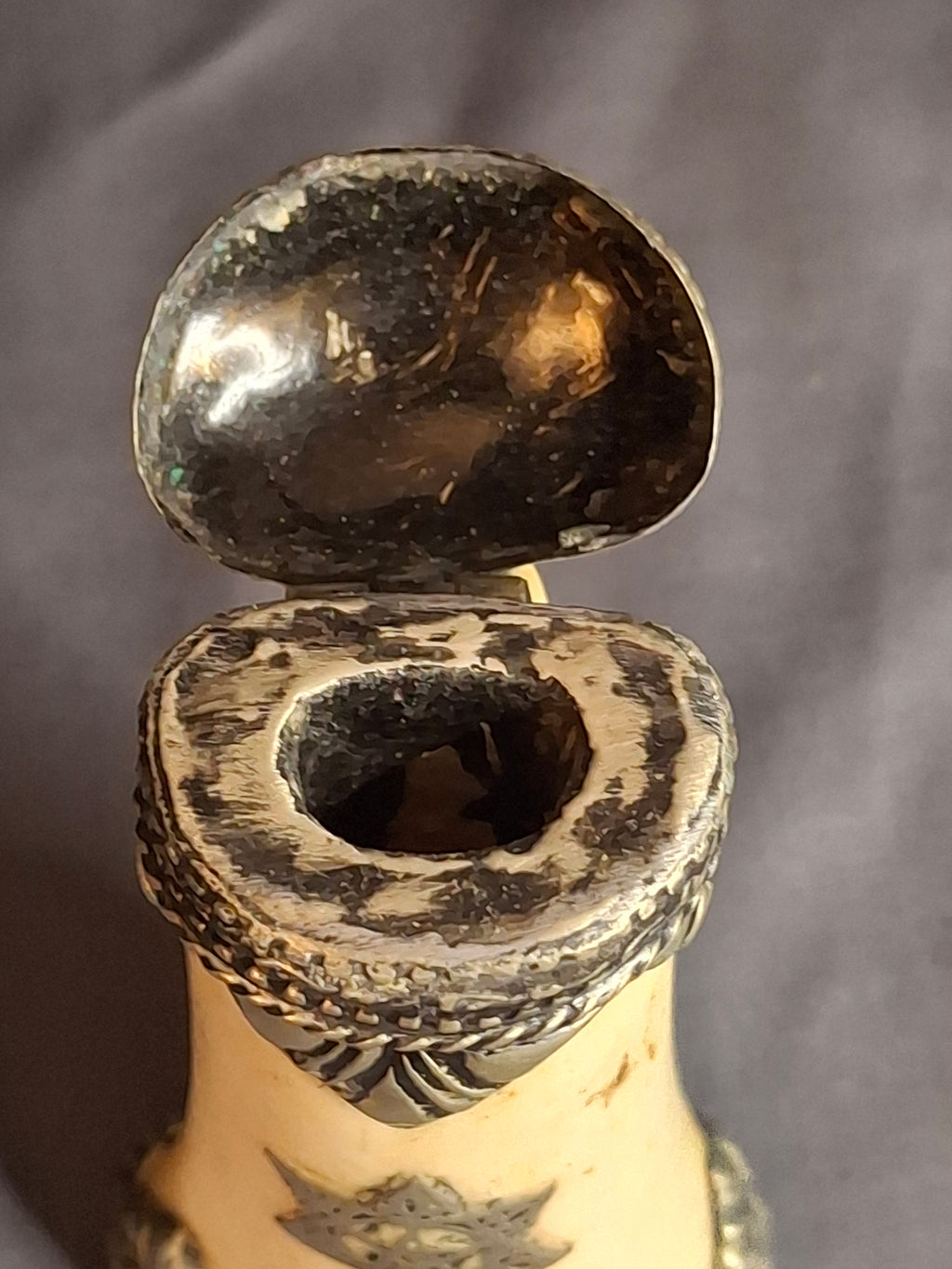 Rare 19th C Moroccan Judaica Bone Silvered Inkwell Set Star of David - Original Dip Pen