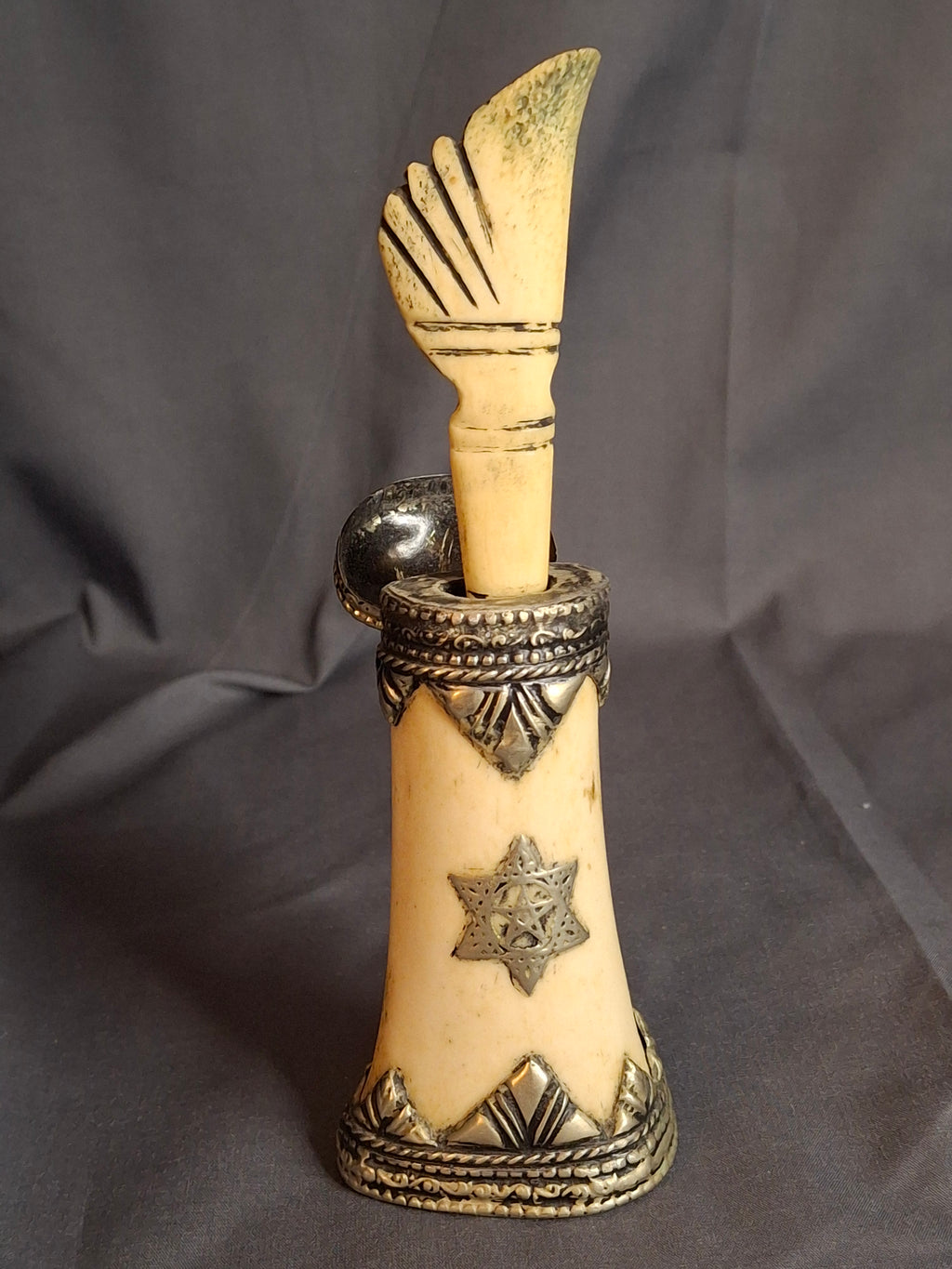 Rare 19th C Moroccan Judaica Bone Silvered Inkwell Set Star of David - Original Dip Pen