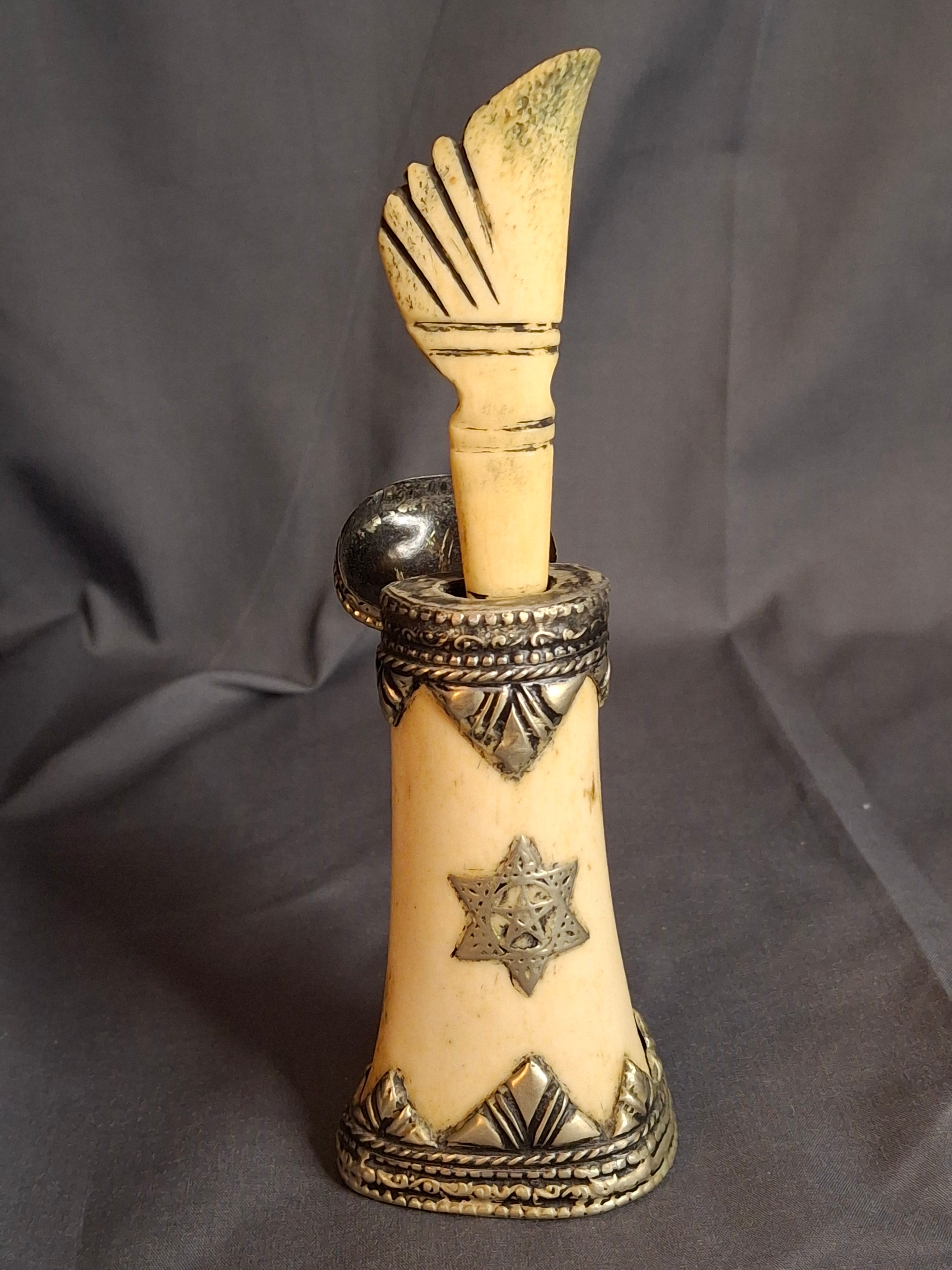Rare 19th C Moroccan Judaica Bone Silvered Inkwell Set Star of David - Original Dip Pen