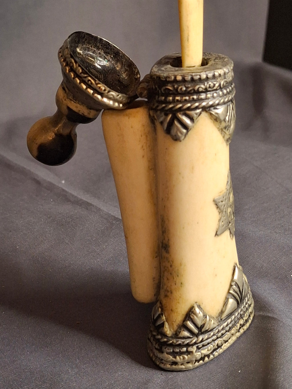 Rare 19th C Moroccan Judaica Bone Silvered Inkwell Set Star of David - Original Dip Pen