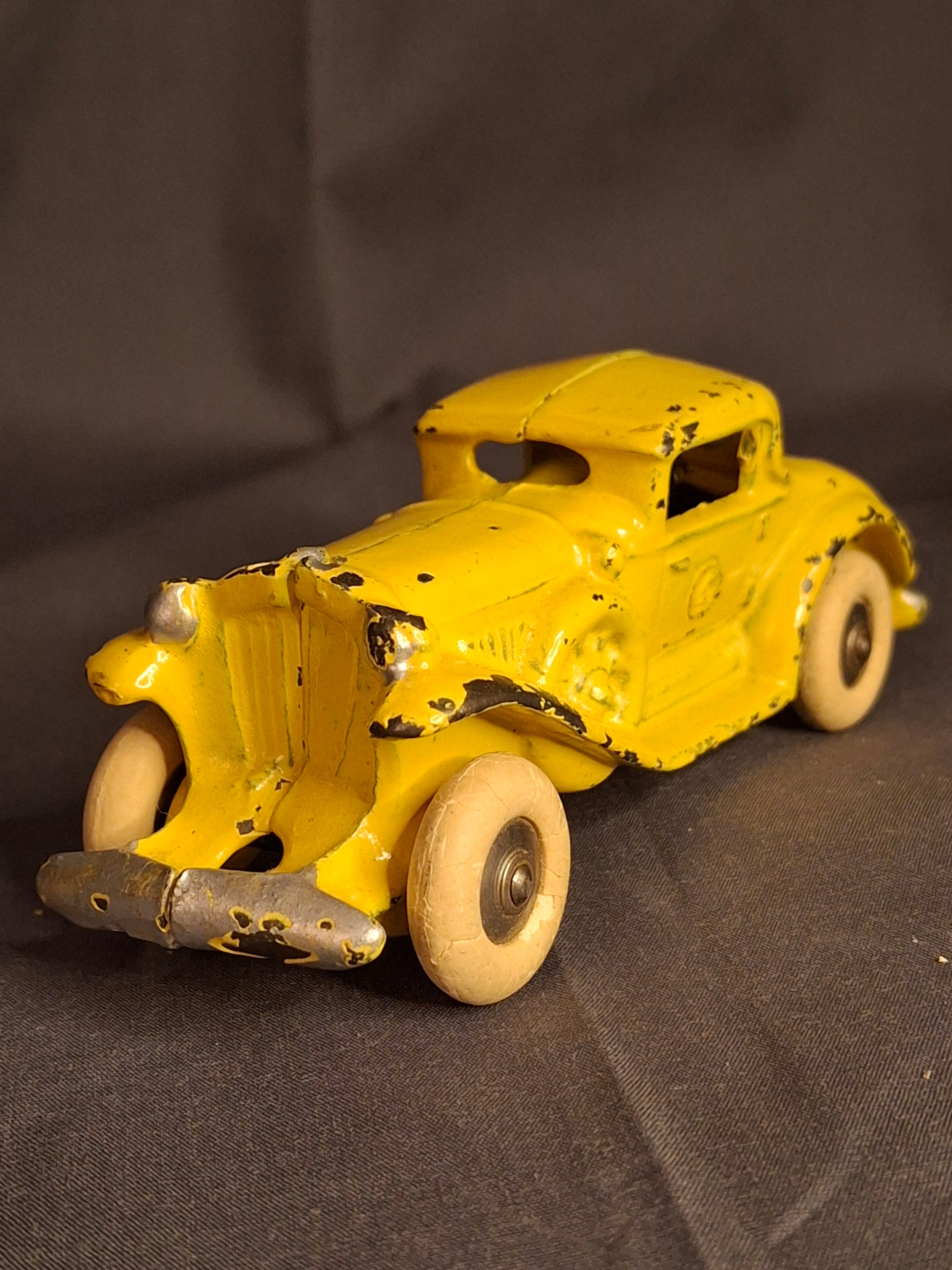 Antique A.C. Williams Cast Iron REO Royale Coupe Toy - Original Yellow Paint - Rumble Seat