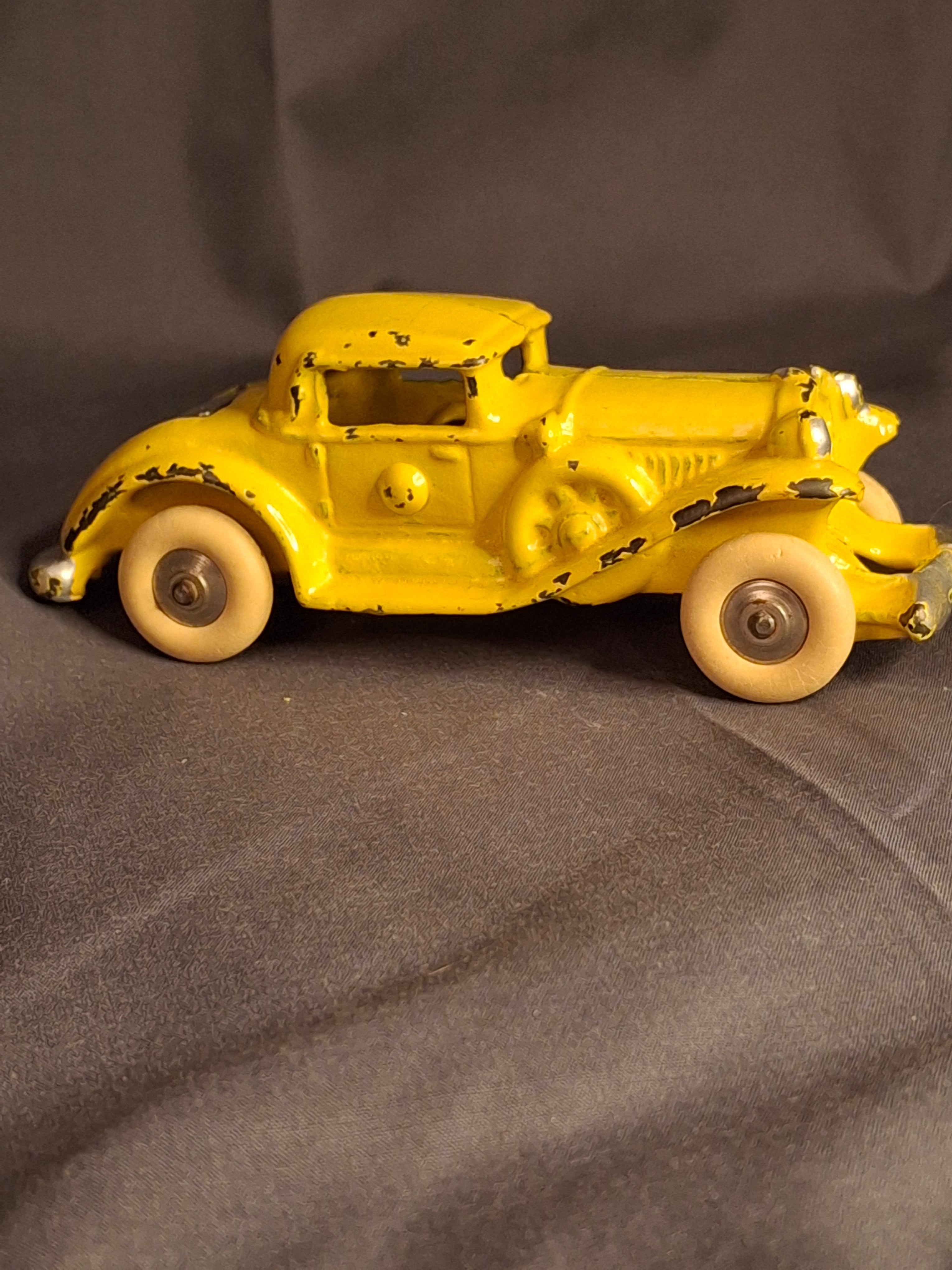 Antique A.C. Williams Cast Iron REO Royale Coupe Toy - Original Yellow Paint - Rumble Seat