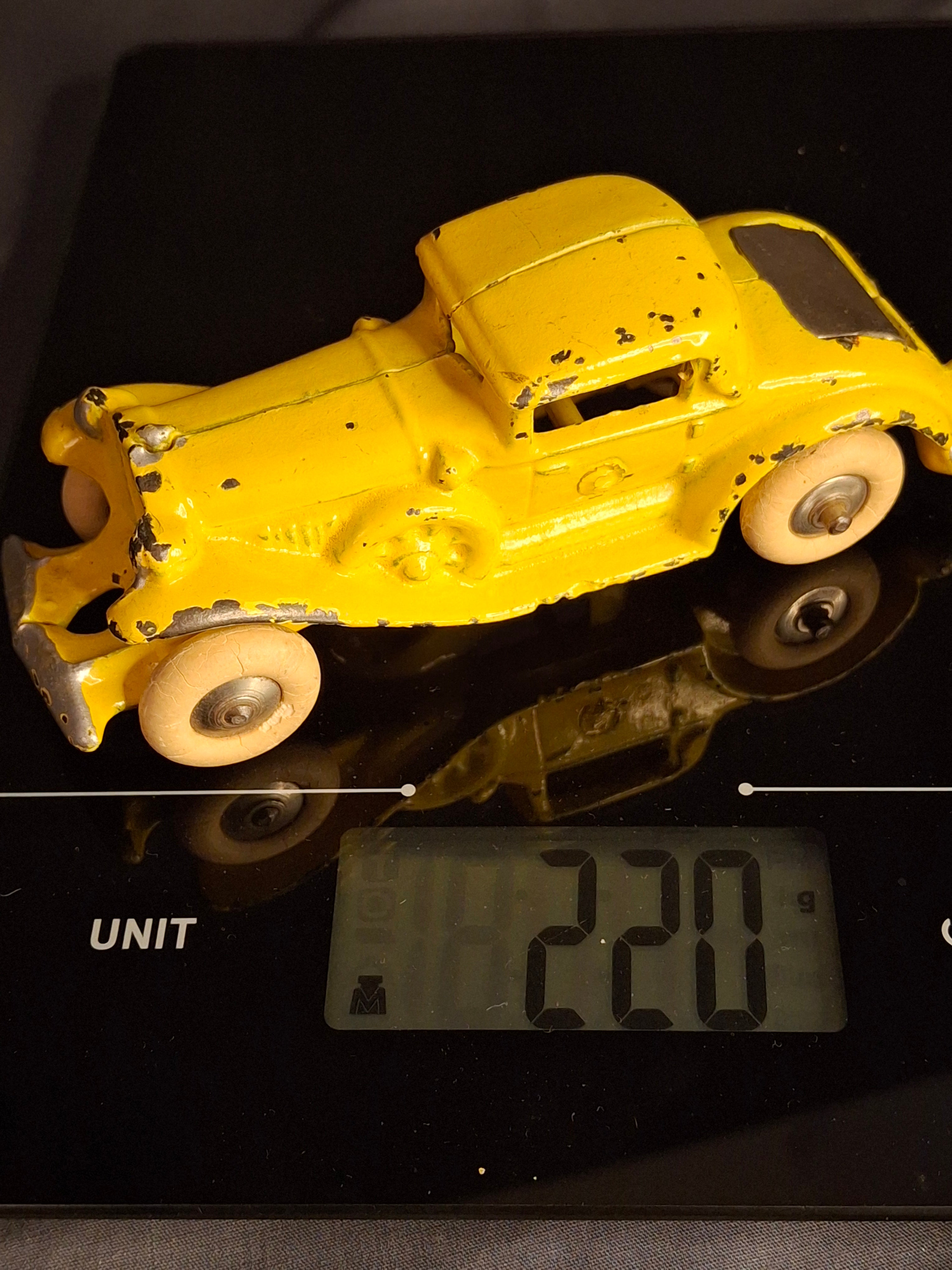 Antique A.C. Williams Cast Iron REO Royale Coupe Toy - Original Yellow Paint - Rumble Seat