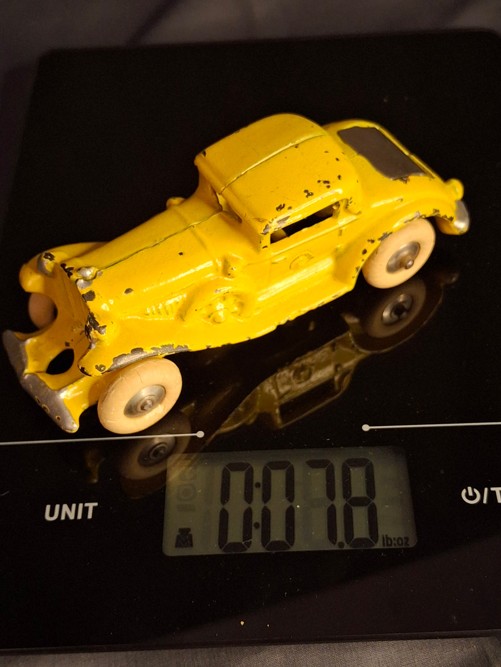 Antique A.C. Williams Cast Iron REO Royale Coupe Toy - Original Yellow Paint - Rumble Seat