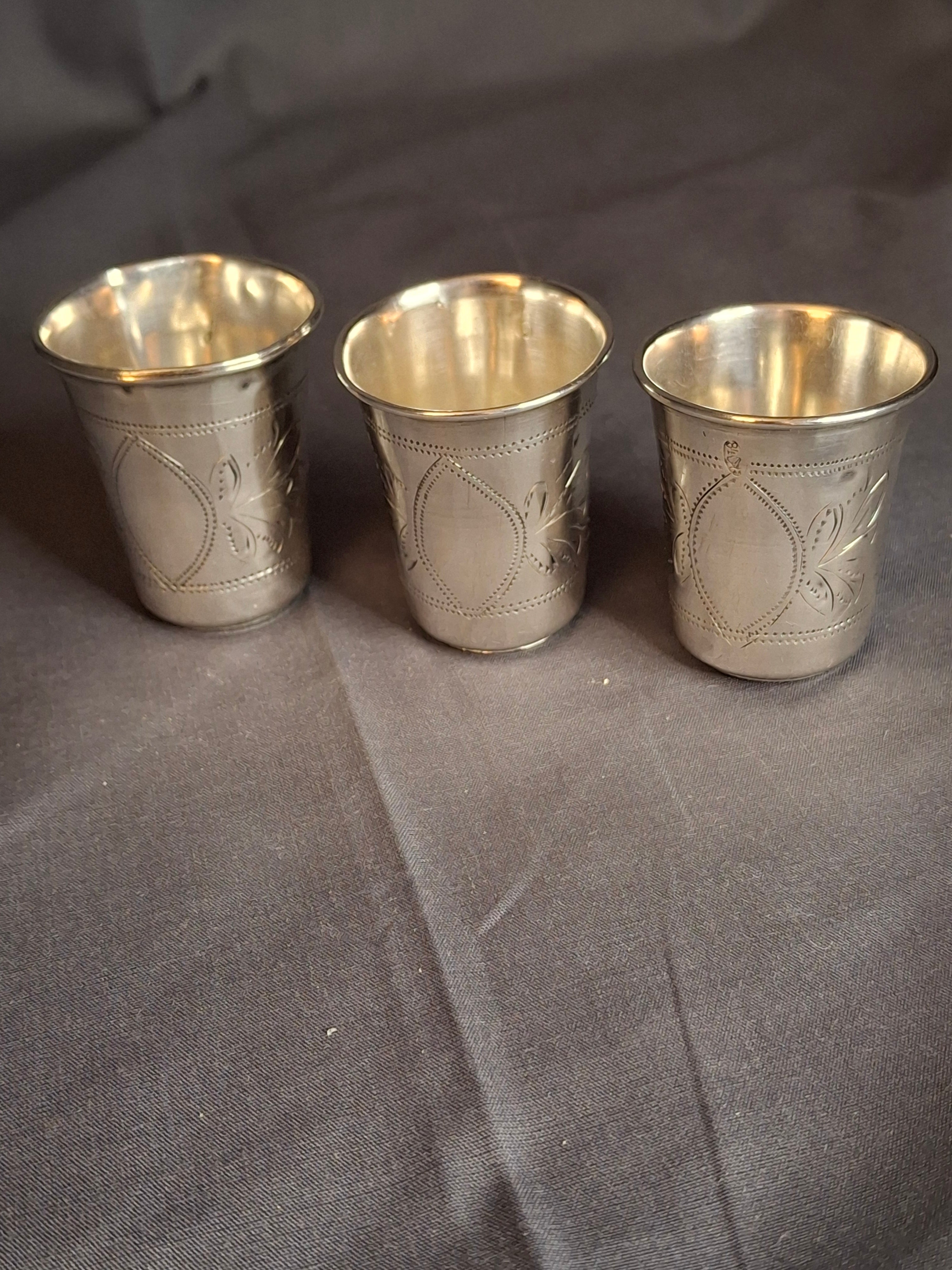 Set of 3 Antique French Silver Kiddush Cups Beakers .800 Gabriel Pascal GP Hallmarked c.1890