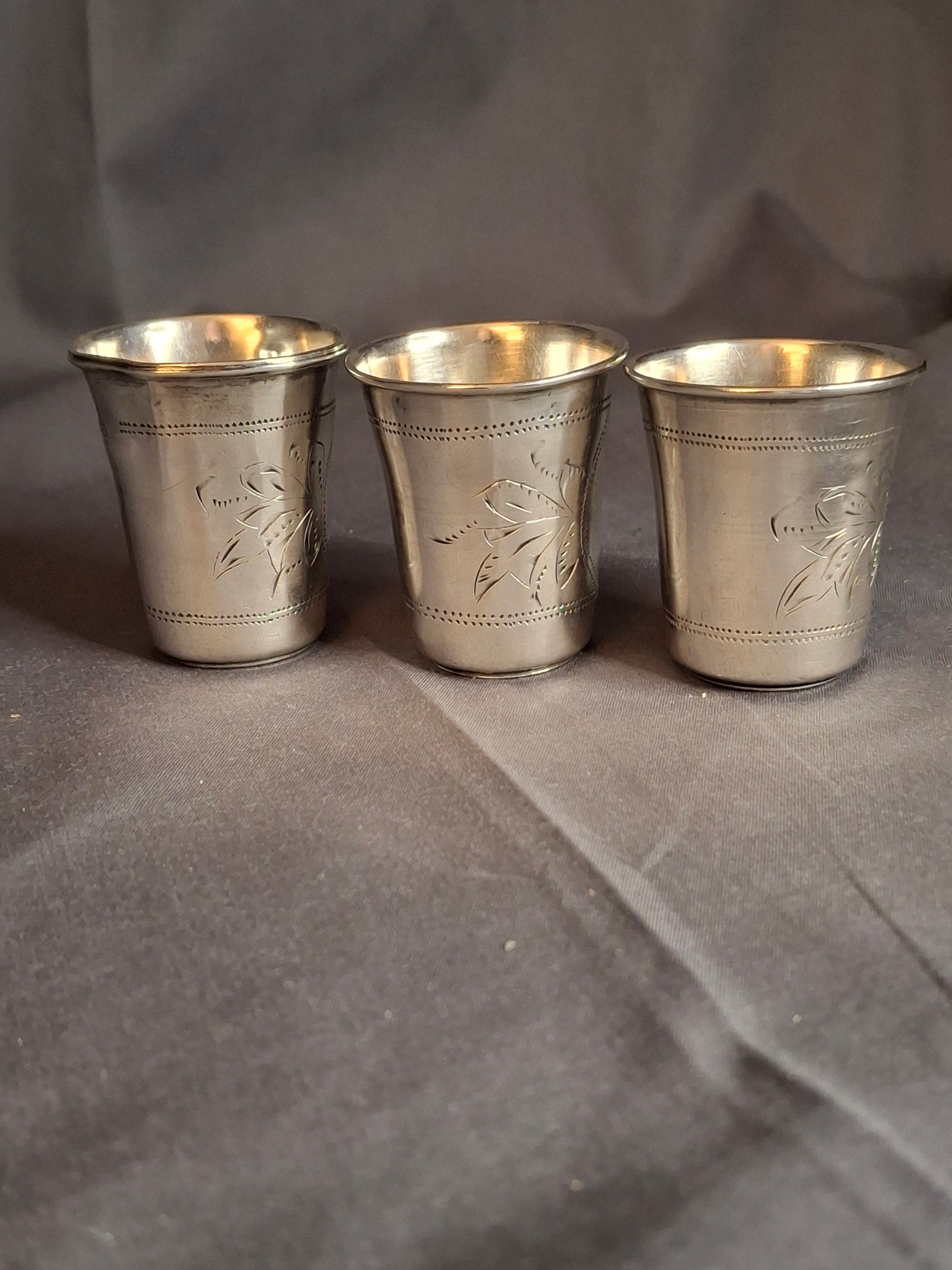 Set of 3 Antique French Silver Kiddush Cups Beakers .800 Gabriel Pascal GP Hallmarked c.1890