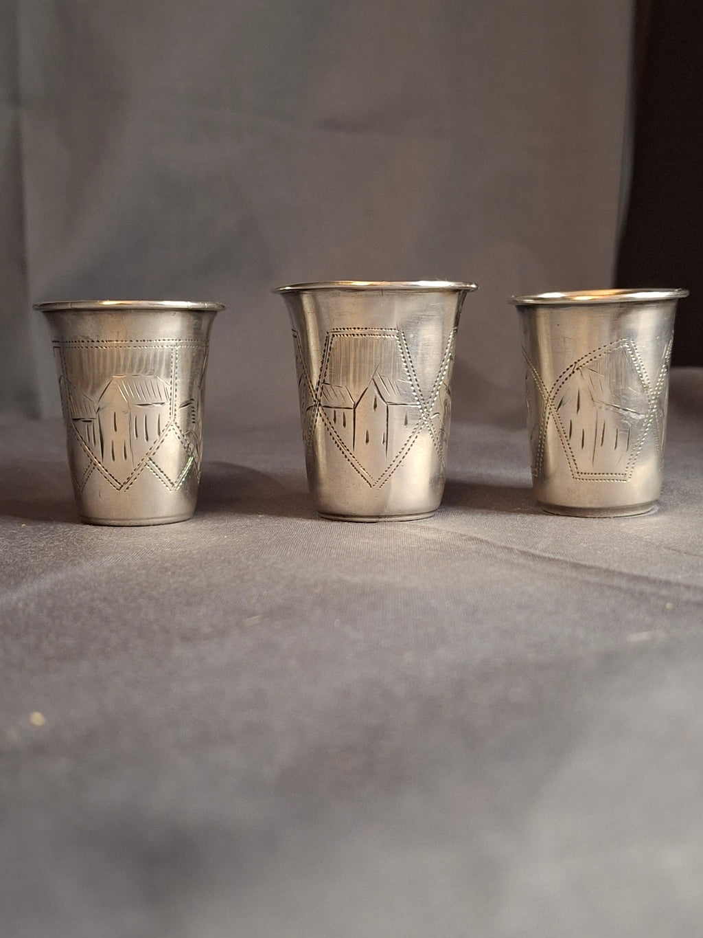 Transitional Set 3 Antique Russian 84 Silver Kiddush Cups Zakhoder Kiev 1890-1915