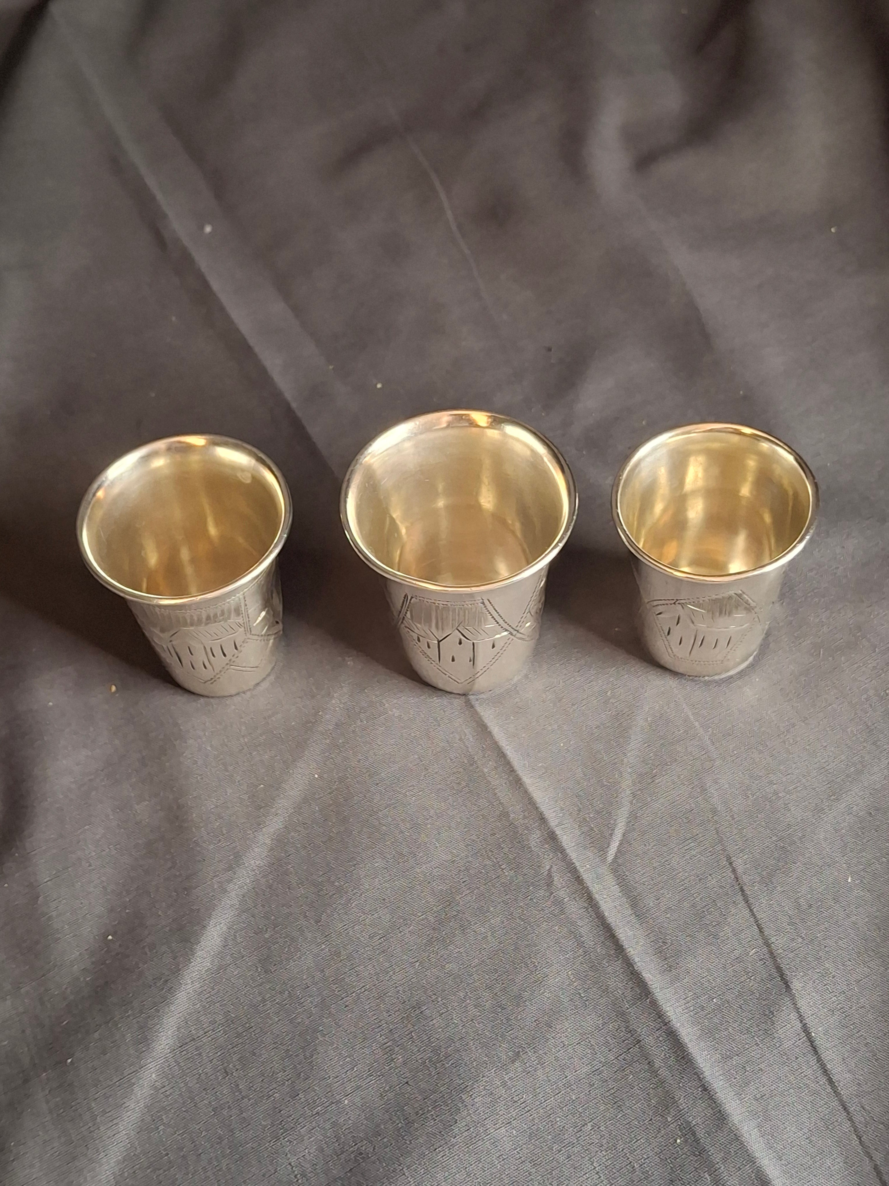 Transitional Set 3 Antique Russian 84 Silver Kiddush Cups Zakhoder Kiev 1890-1915