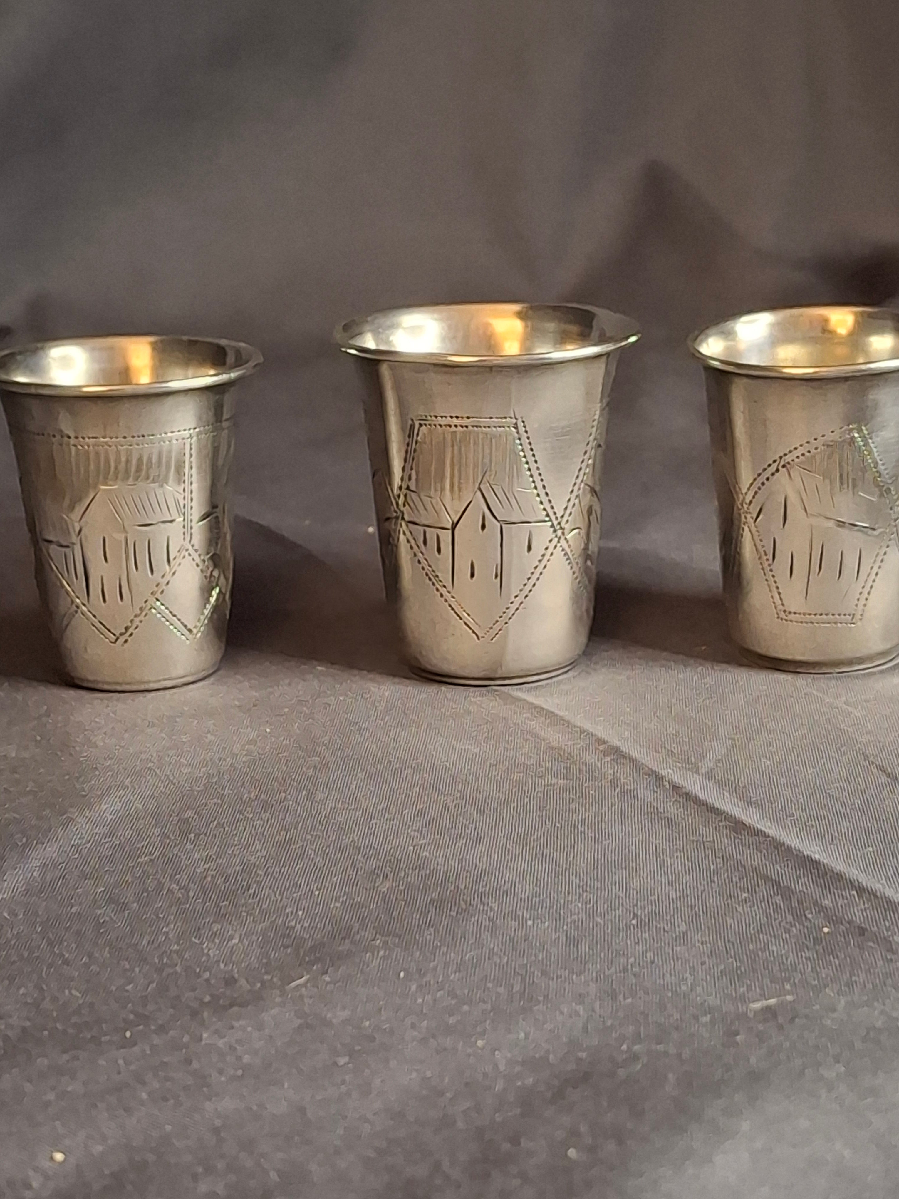 Transitional Set 3 Antique Russian 84 Silver Kiddush Cups Zakhoder Kiev 1890-1915