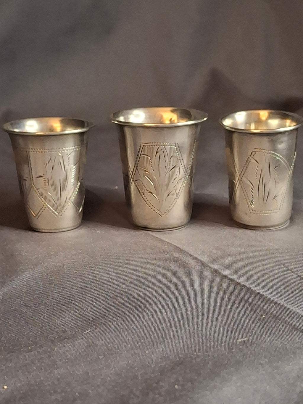 Transitional Set 3 Antique Russian 84 Silver Kiddush Cups Zakhoder Kiev 1890-1915