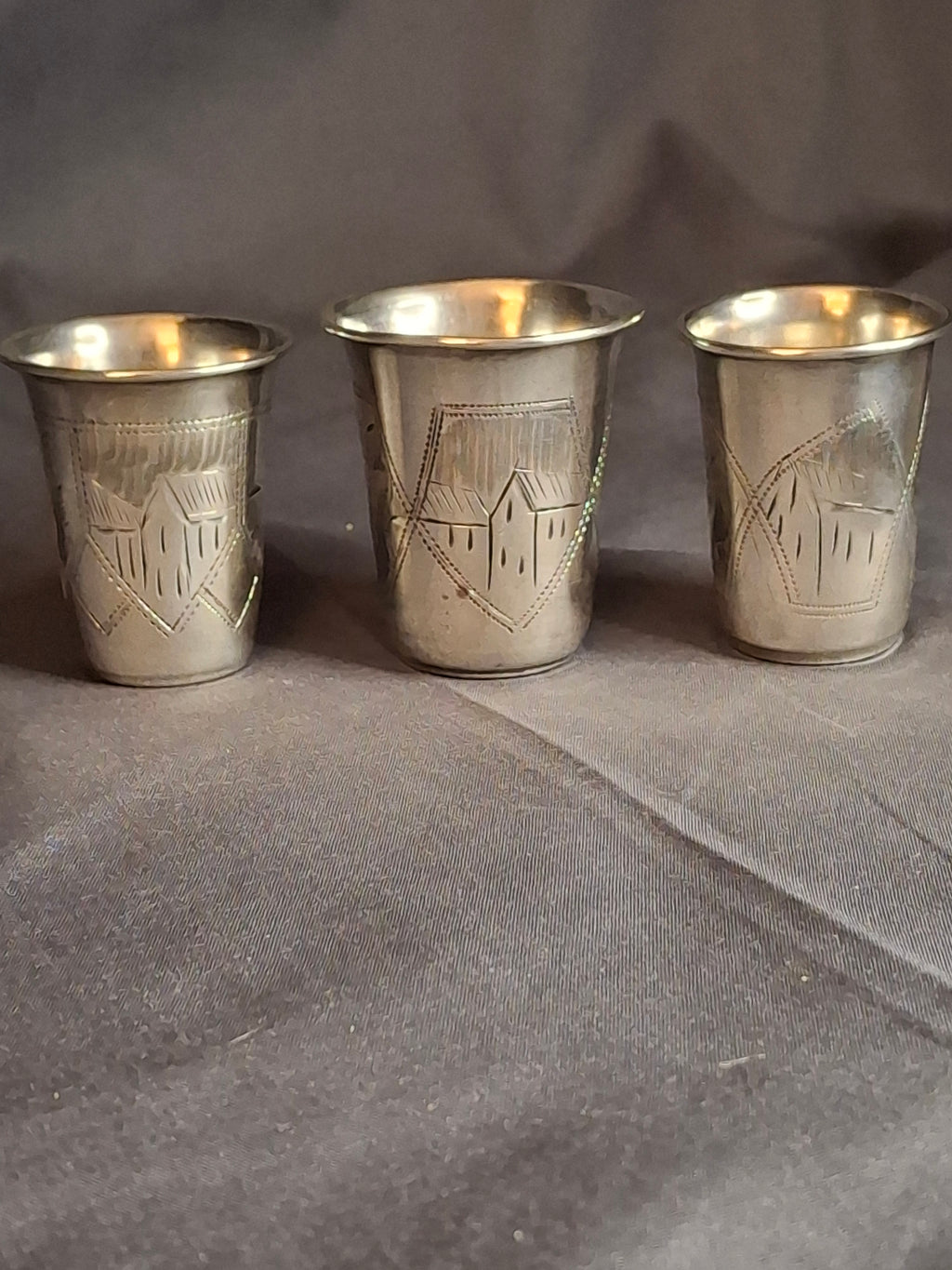 Transitional Set 3 Antique Russian 84 Silver Kiddush Cups Zakhoder Kiev 1890-1915