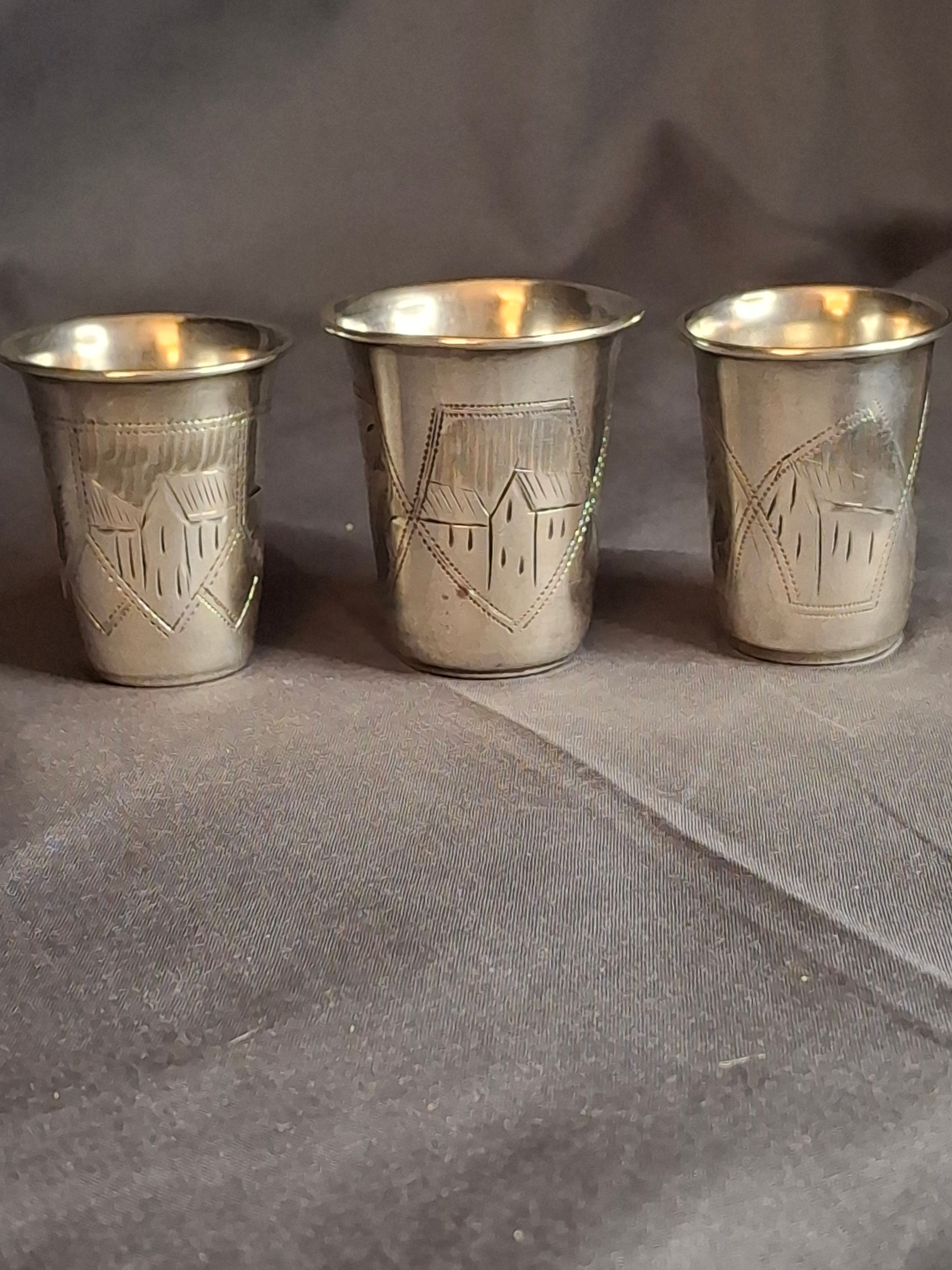 Transitional Set 3 Antique Russian 84 Silver Kiddush Cups Zakhoder Kiev 1890-1915