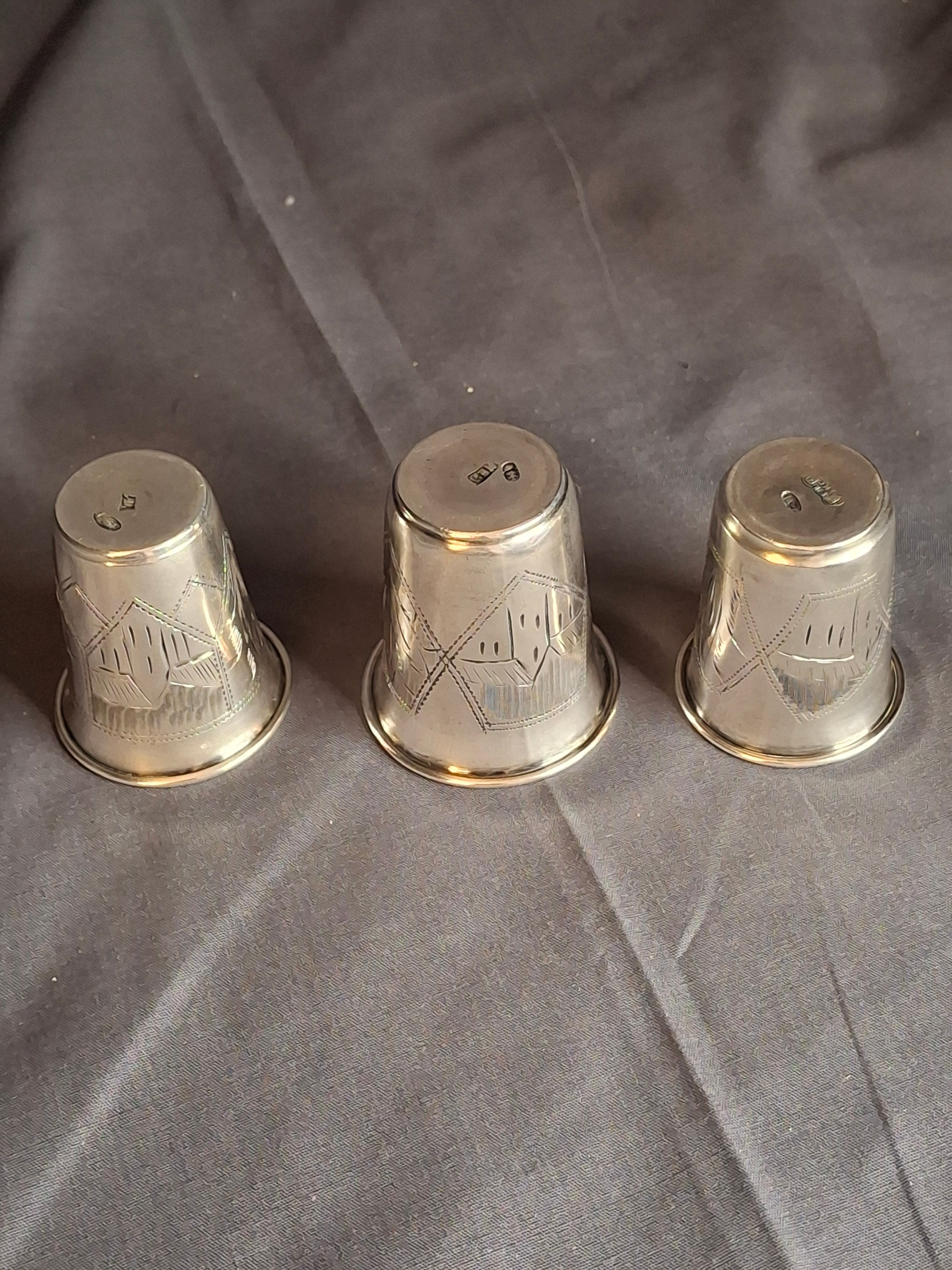 Transitional Set 3 Antique Russian 84 Silver Kiddush Cups Zakhoder Kiev 1890-1915
