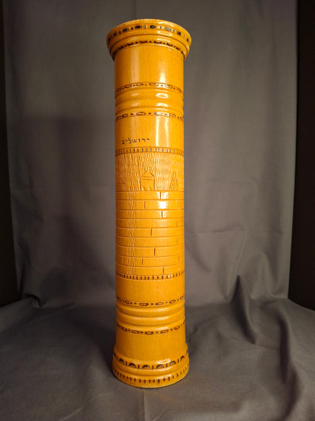 Antique Bezalel Style Israel Olive Wood Megillah Case Hand Carved Jerusalem Wall 14"