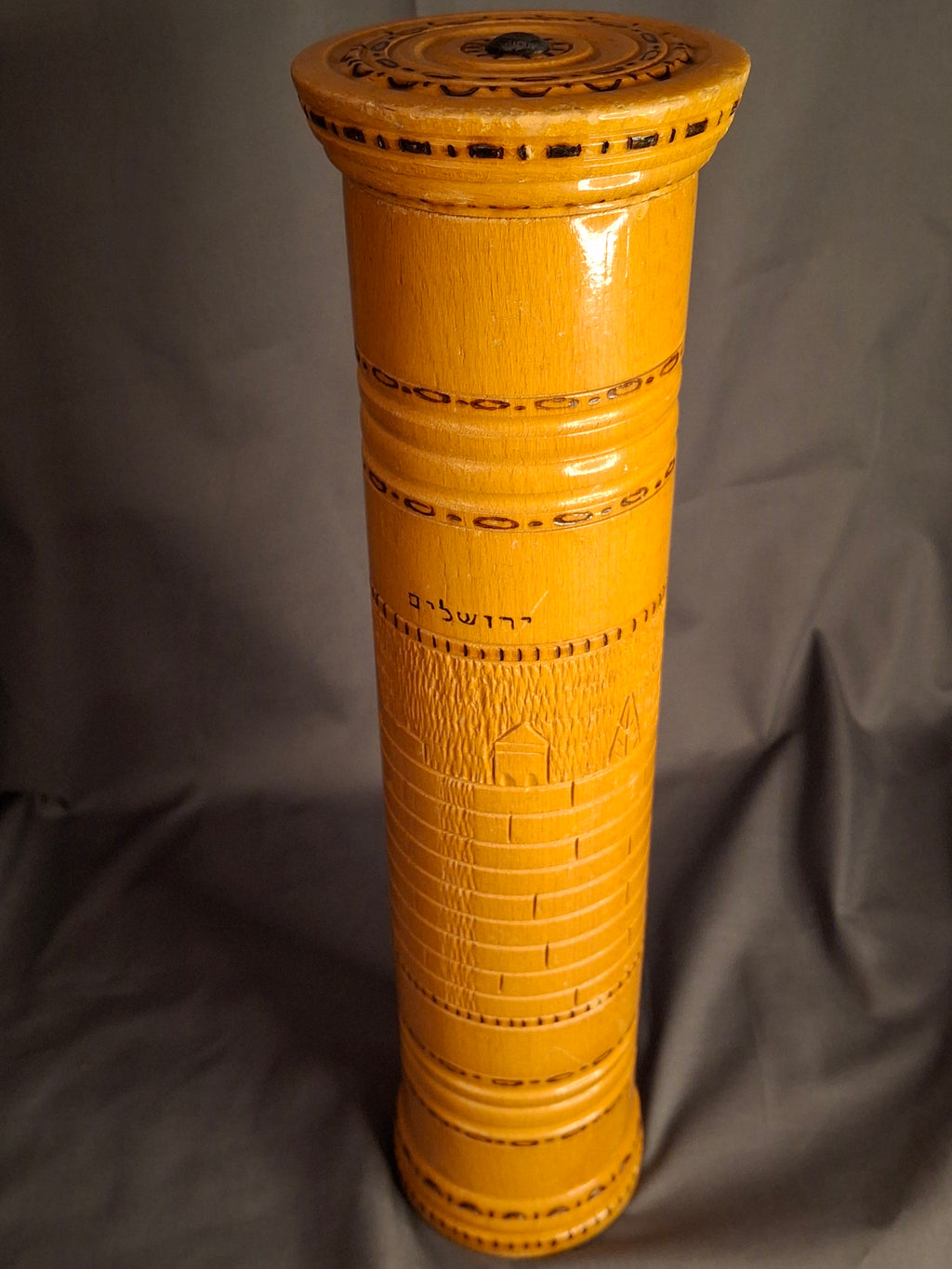 Antique Bezalel Style Israel Olive Wood Megillah Case Hand Carved Jerusalem Wall 14"