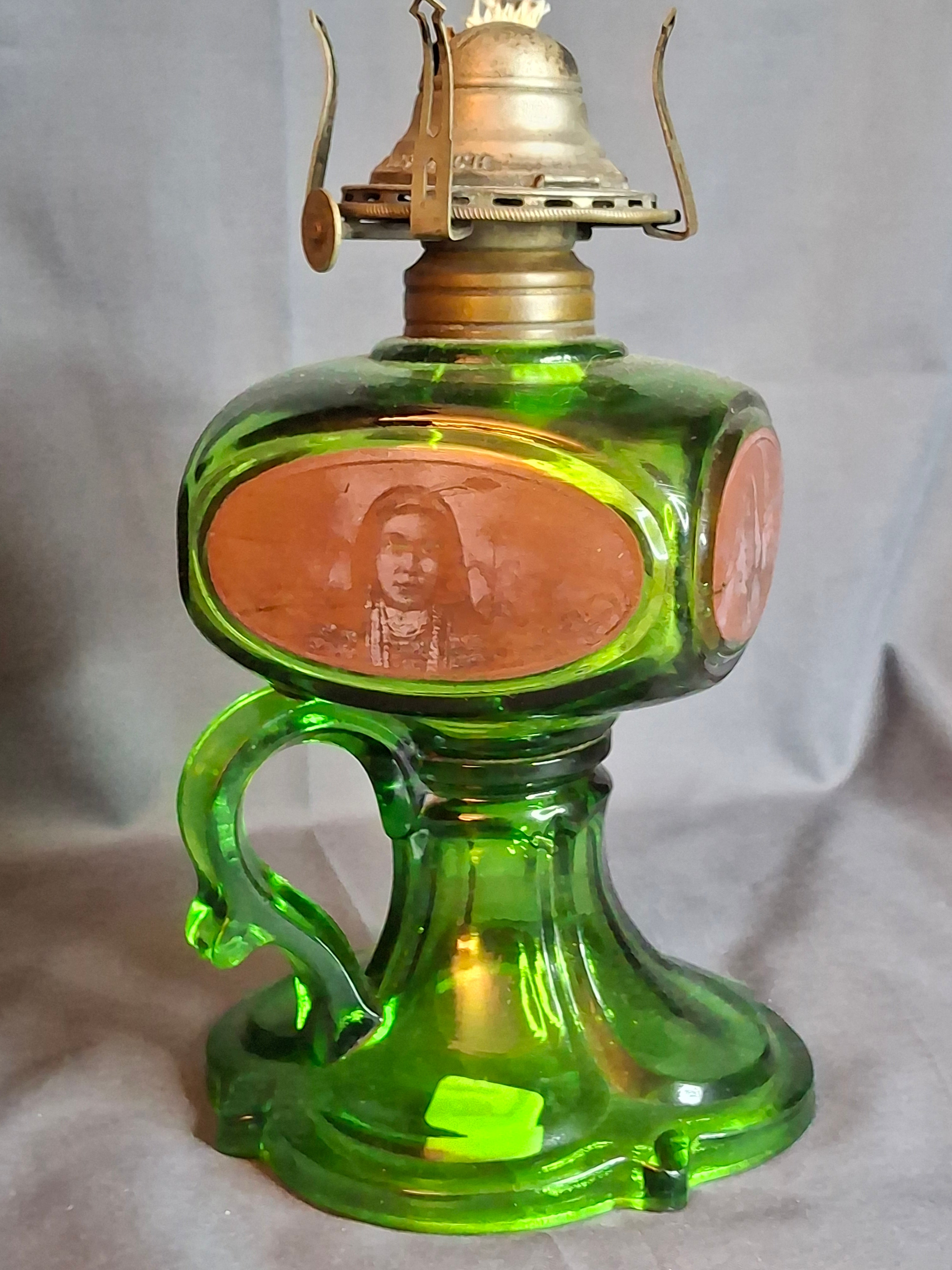 Antique Emerald Green Glass Kerosene Finger Lamp 4-Panel Portrait Native American Pilgrim White Flame Burner