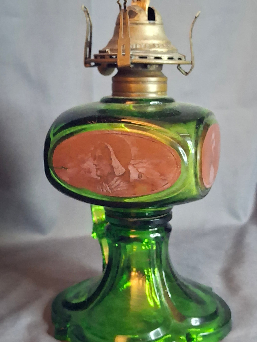 Antique Emerald Green Glass Kerosene Finger Lamp 4-Panel Portrait Native American Pilgrim White Flame Burner