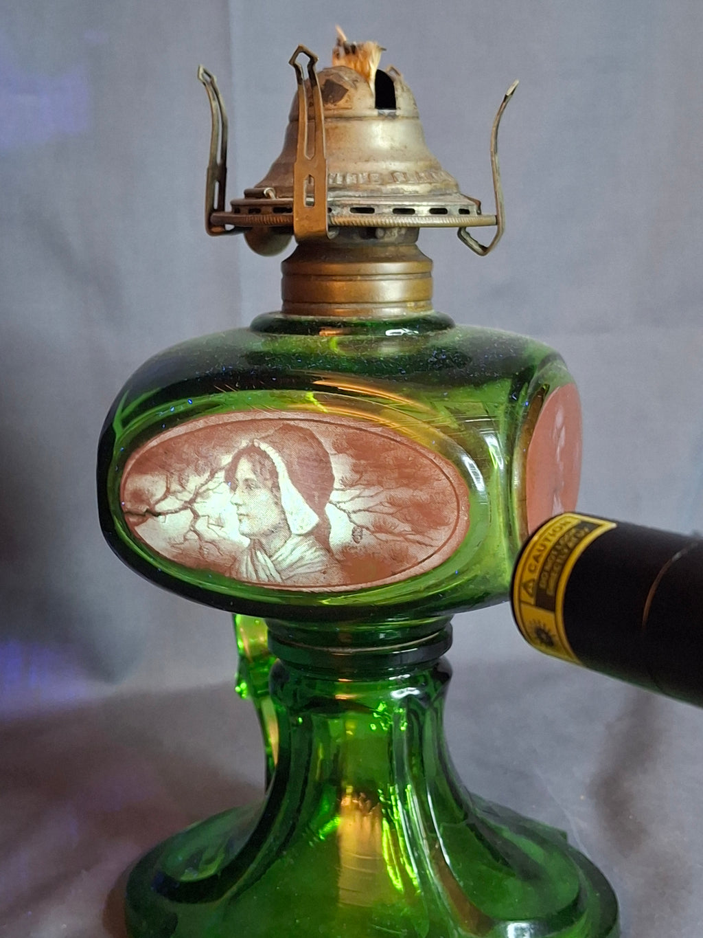 Antique Emerald Green Glass Kerosene Finger Lamp 4-Panel Portrait Native American Pilgrim White Flame Burner