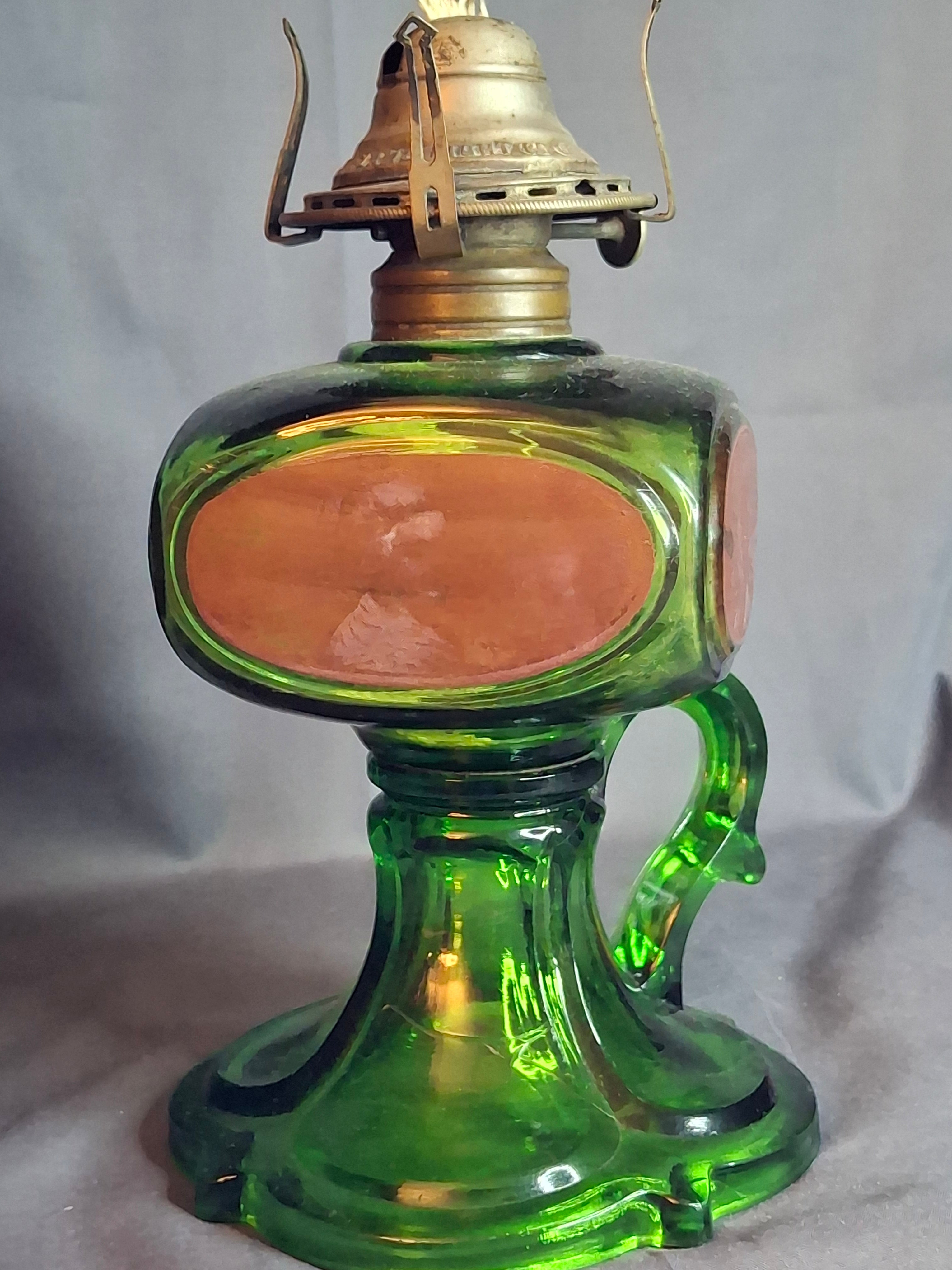 Antique Emerald Green Glass Kerosene Finger Lamp 4-Panel Portrait Native American Pilgrim White Flame Burner