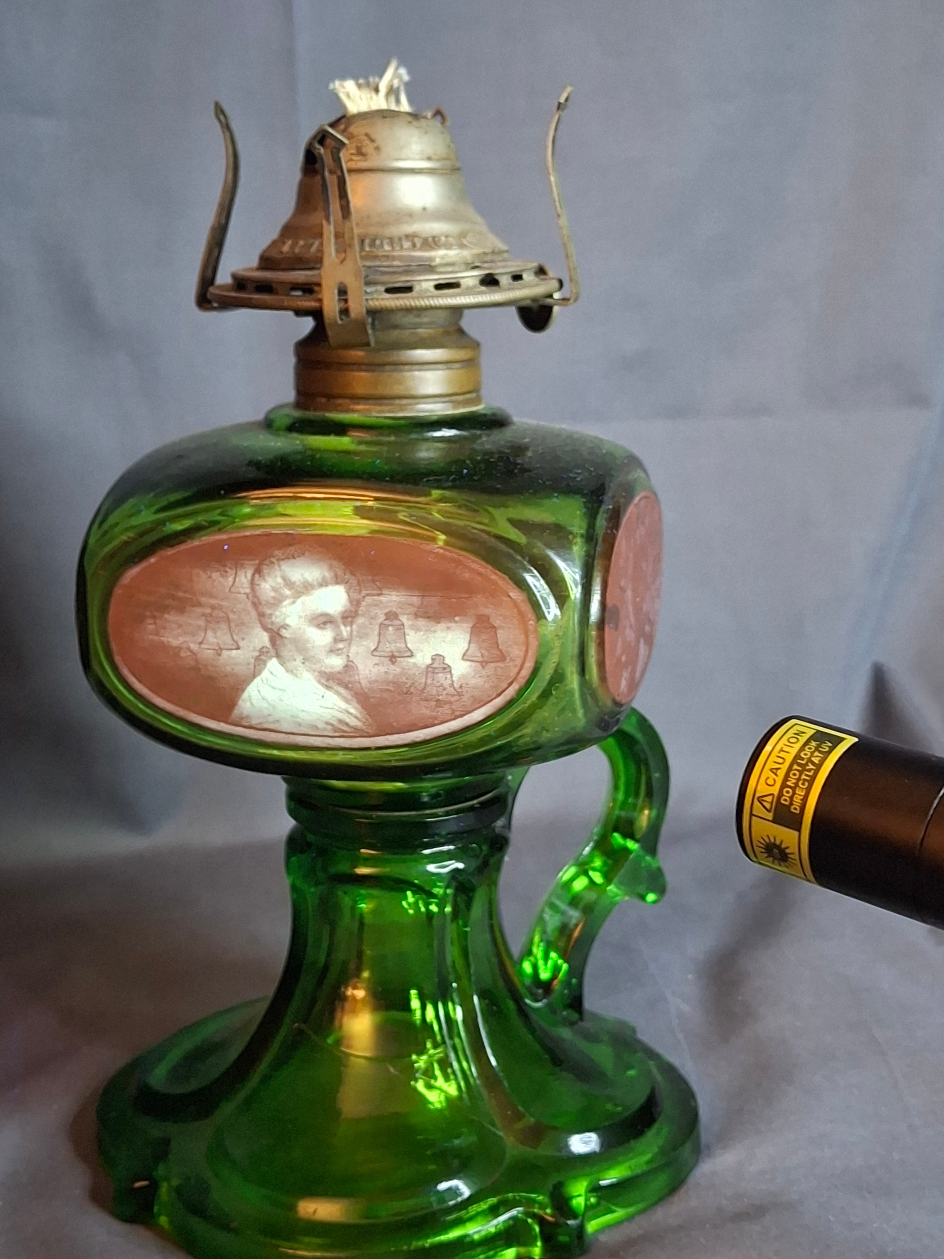 Antique Emerald Green Glass Kerosene Finger Lamp 4-Panel Portrait Native American Pilgrim White Flame Burner