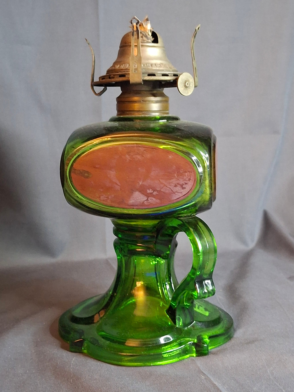 Antique Emerald Green Glass Kerosene Finger Lamp 4-Panel Portrait Native American Pilgrim White Flame Burner