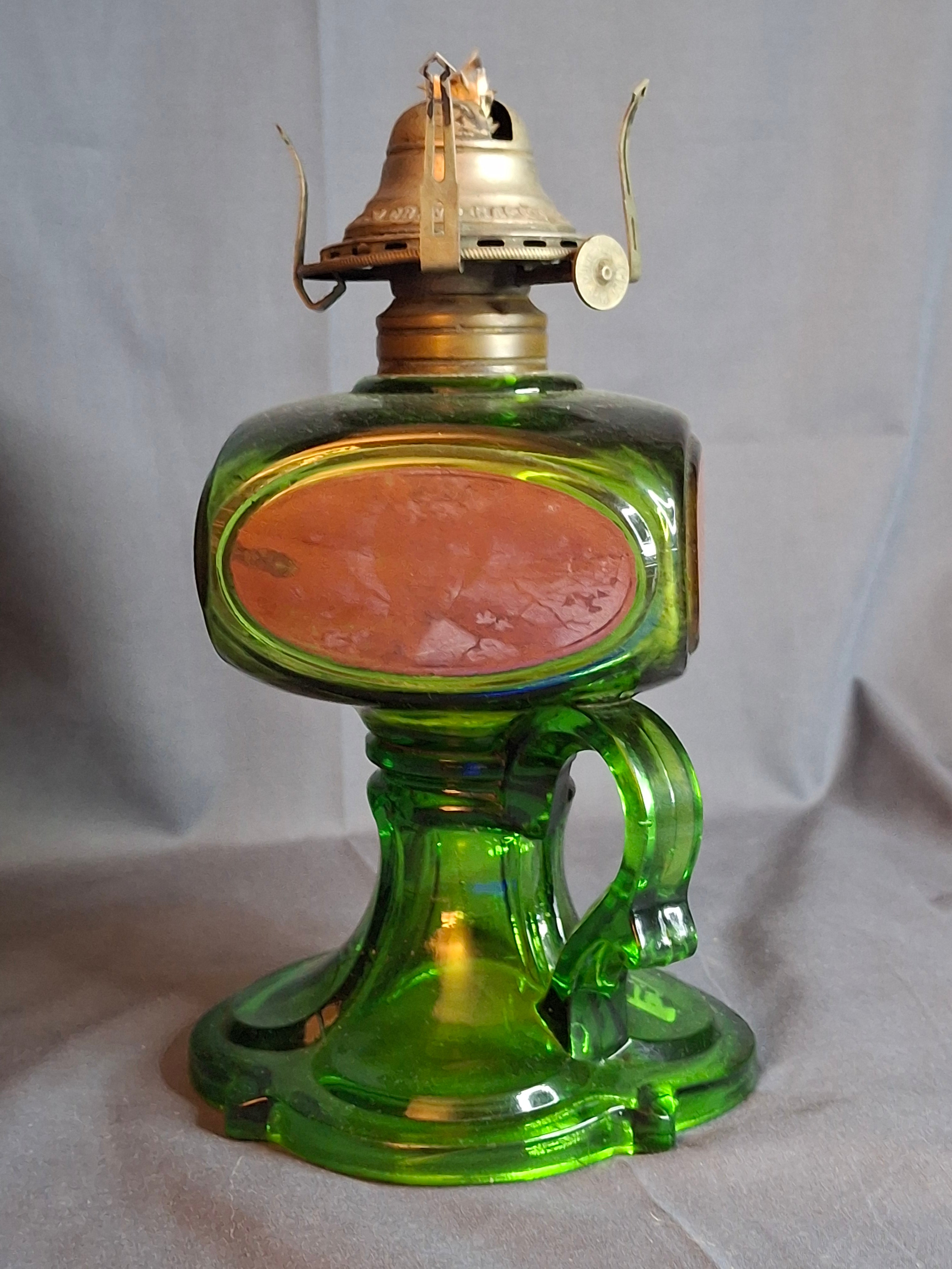 Antique Emerald Green Glass Kerosene Finger Lamp 4-Panel Portrait Native American Pilgrim White Flame Burner