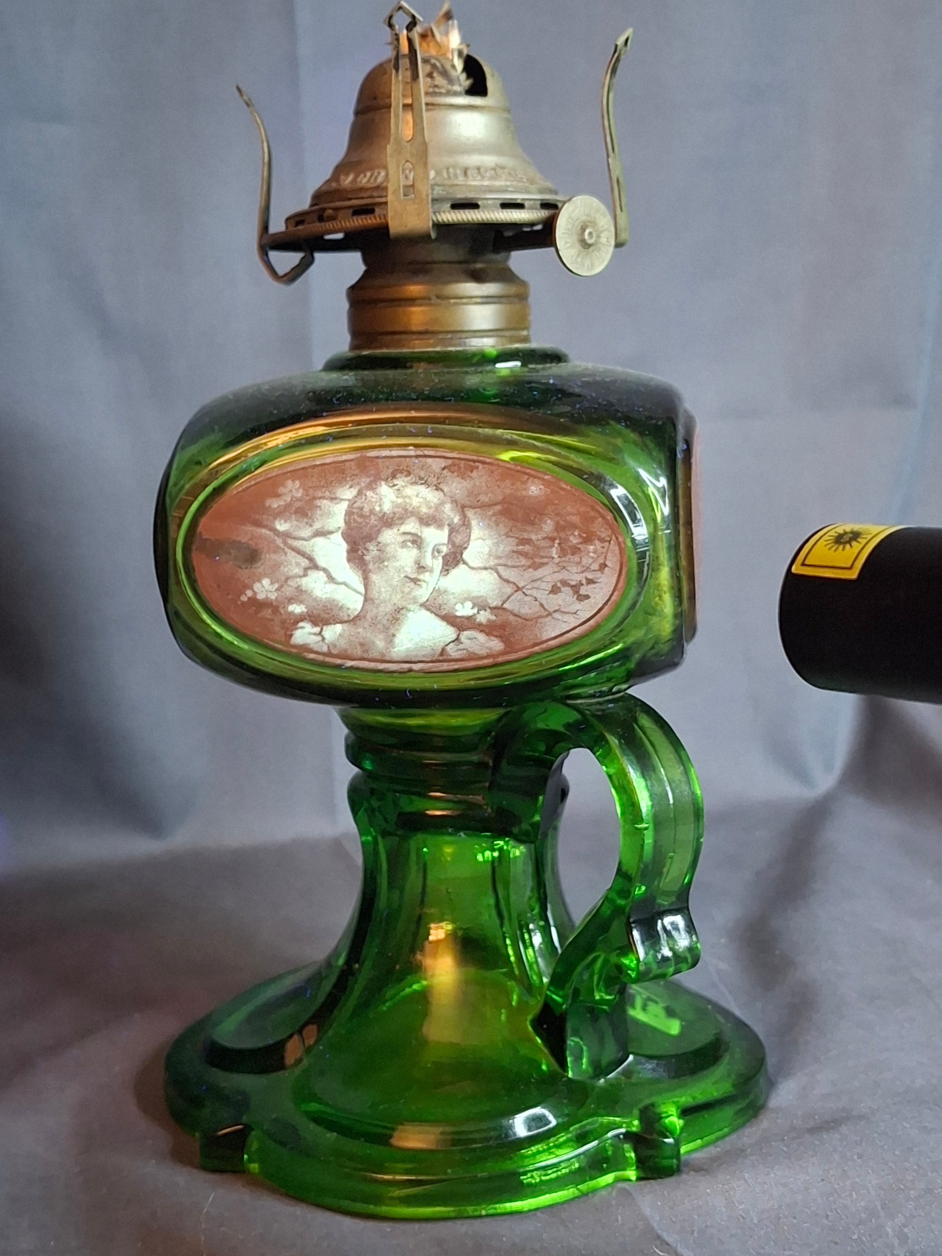 Antique Emerald Green Glass Kerosene Finger Lamp 4-Panel Portrait Native American Pilgrim White Flame Burner