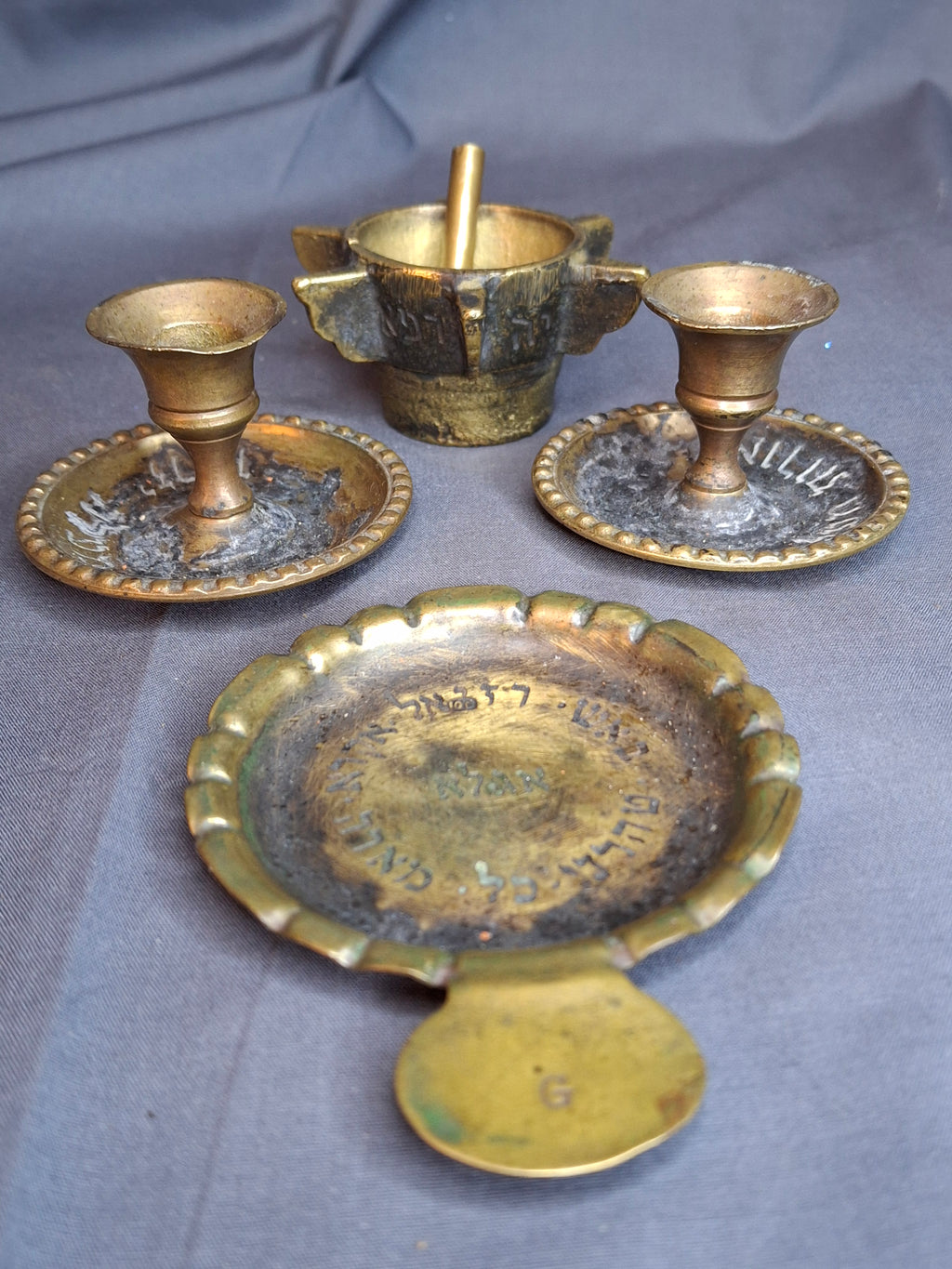 Museum-Grade Kabbalistic Assemblage: 18thC Inscribed Healing Mortar, AGLA Amulet Tray & Travel Shabbat Candlesticks