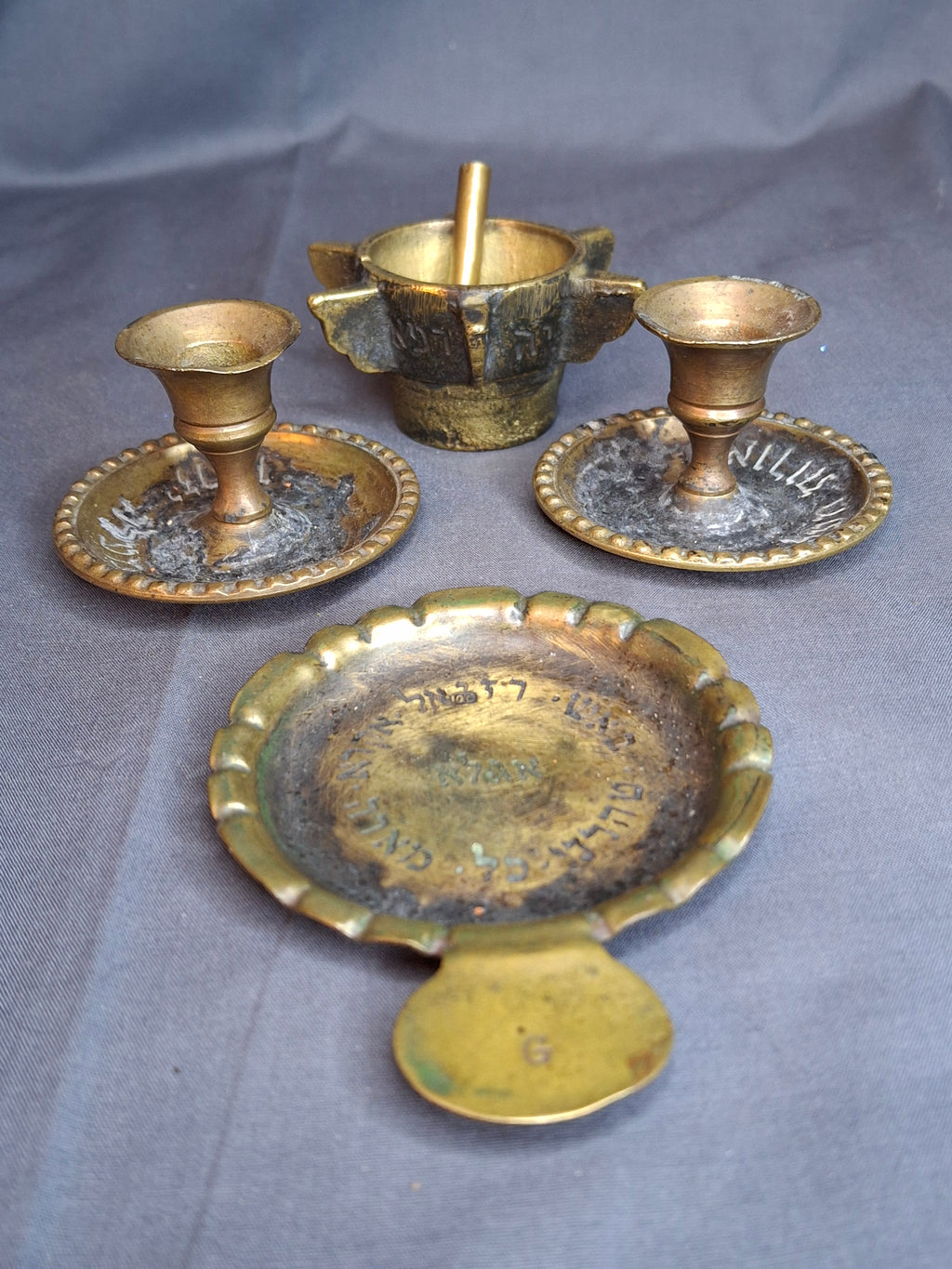 Museum-Grade Kabbalistic Assemblage: 18thC Inscribed Healing Mortar, AGLA Amulet Tray & Travel Shabbat Candlesticks