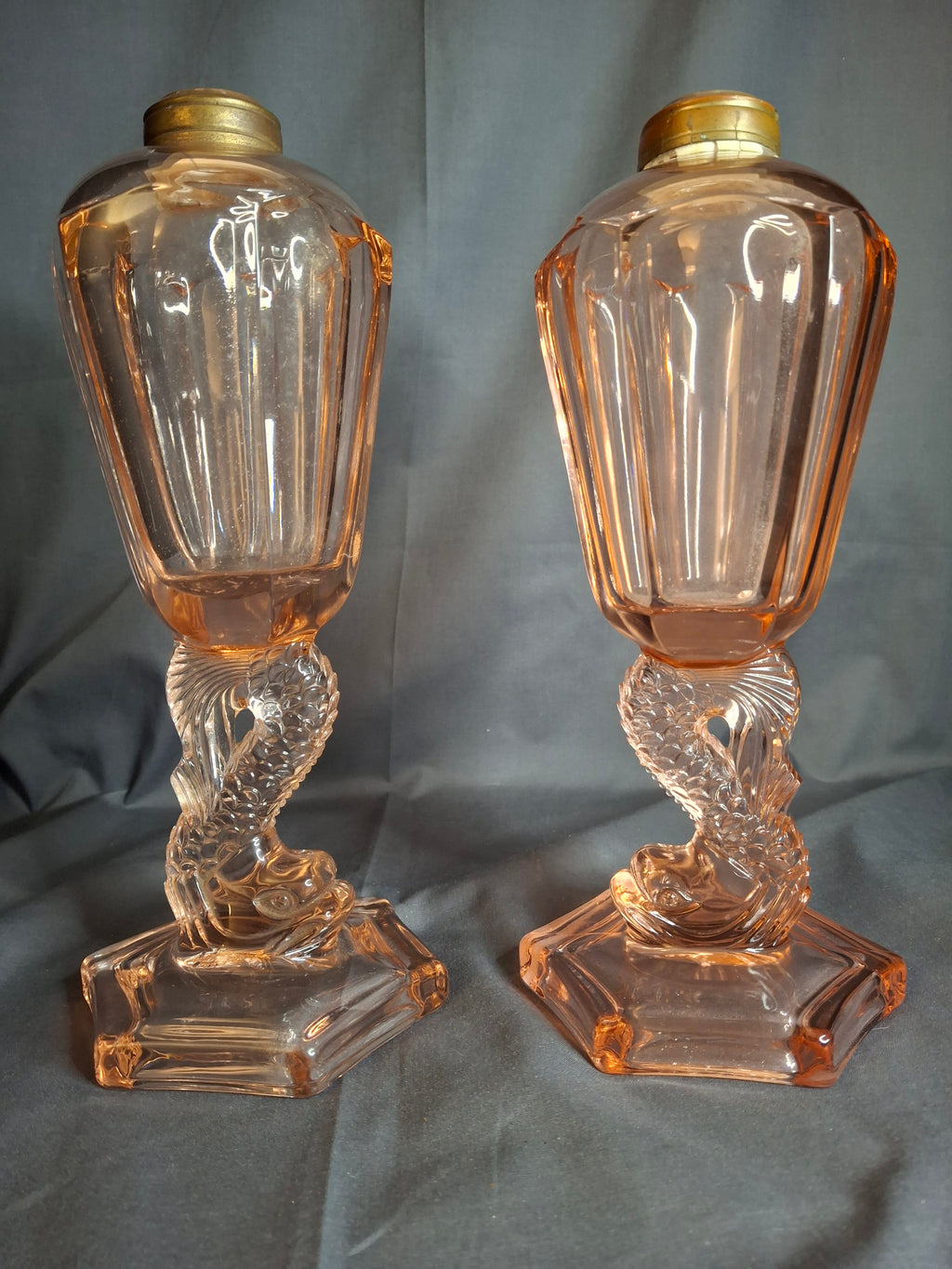 Pair Antique Pink Glass Dolphin Koi Fish Kerosene Fluid Lamps Hexagon Base